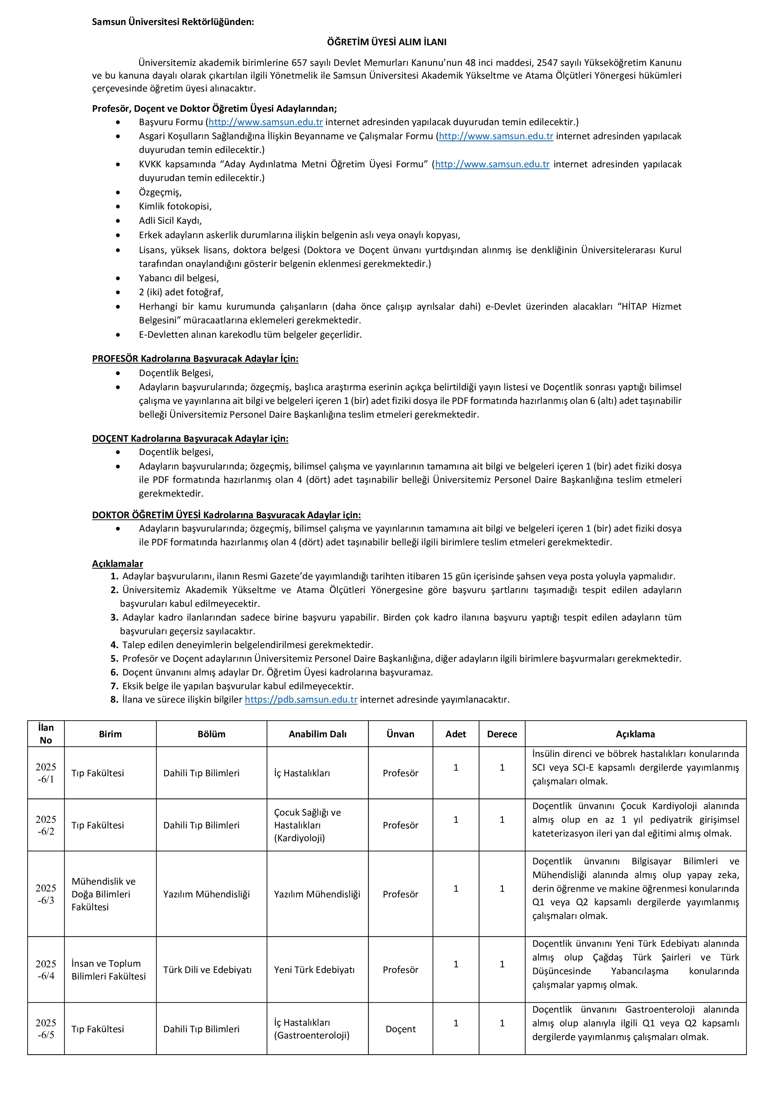 İlan İçeriği Sayfa 1 SAMSUN ÜNİVERSİTESİ 26 ÖĞRETİM ÜYESİ ALACAK ( 31 Aralık - 14 Ocak) İlan İçeriği Sayfa 1