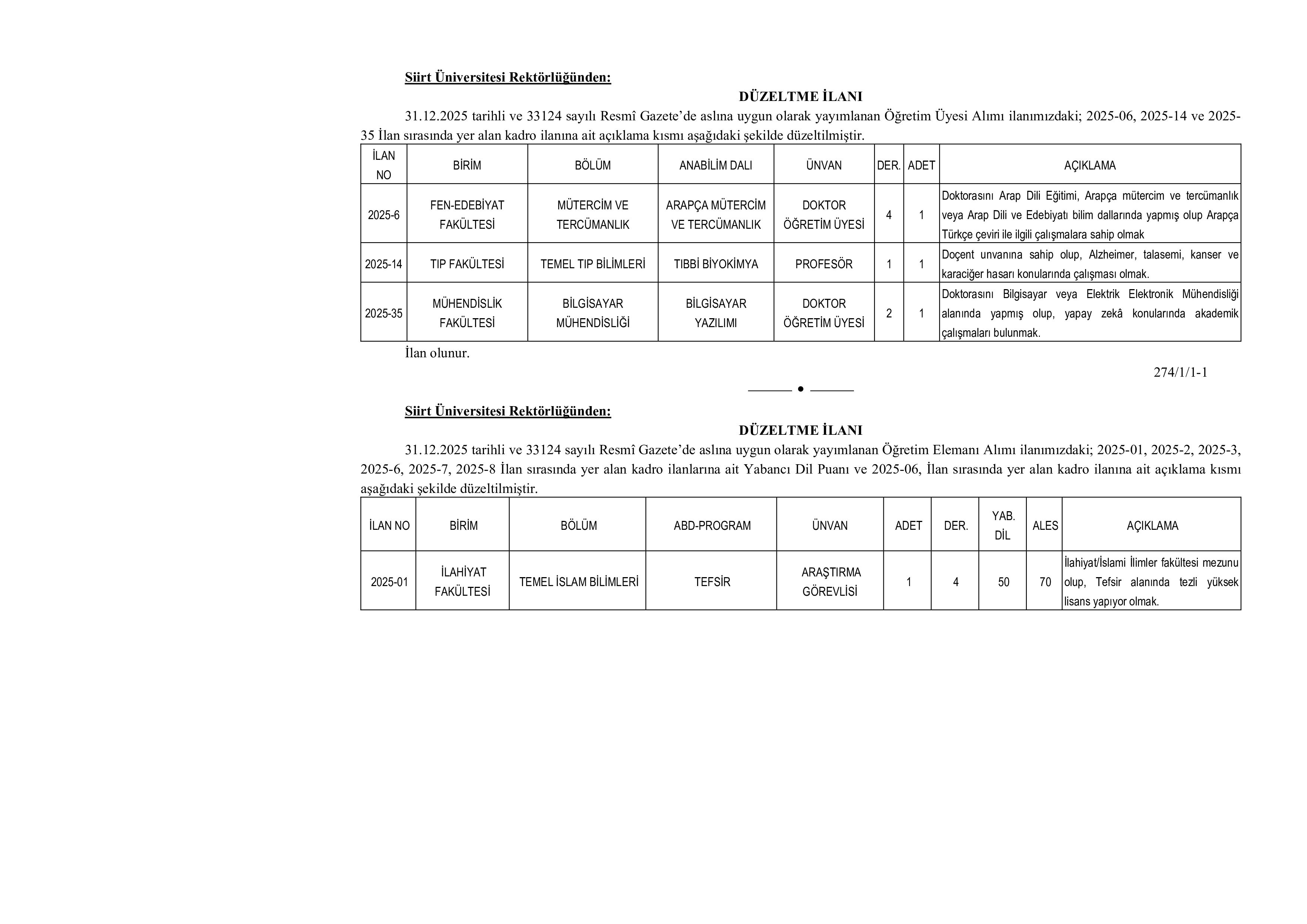 SİİRT ÜNİVERSİTESİ DÜZELTME İLANI ( 31 Aralık - 14 Ocak) İlan İçeriği Sayfa 1