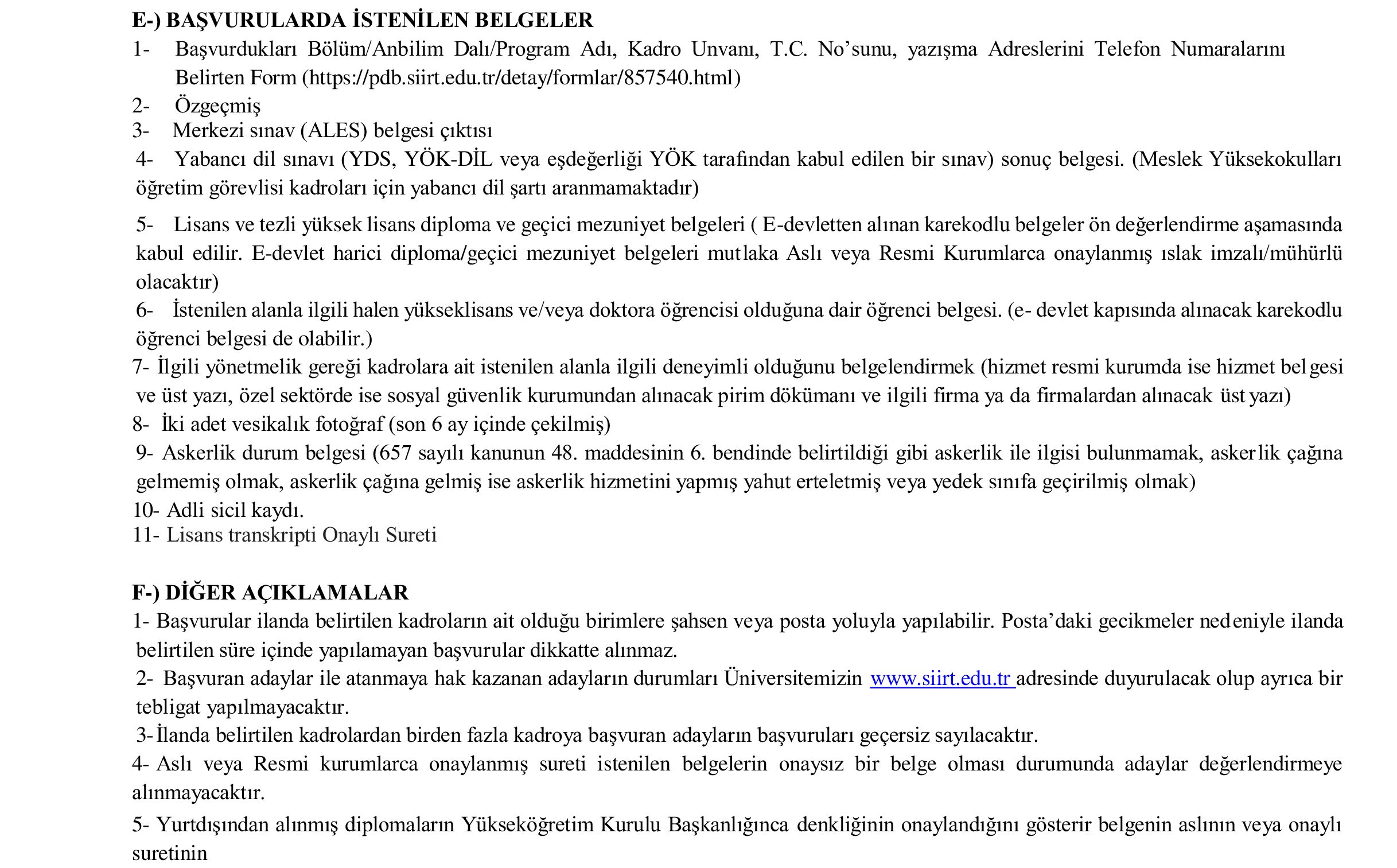 SİİRT ÜNİVERSİTESİ 43 ÖĞRETİM ÜYESİ ALACAK ( 31 Aralık - 14 Ocak) İlan İçeriği Sayfa 10