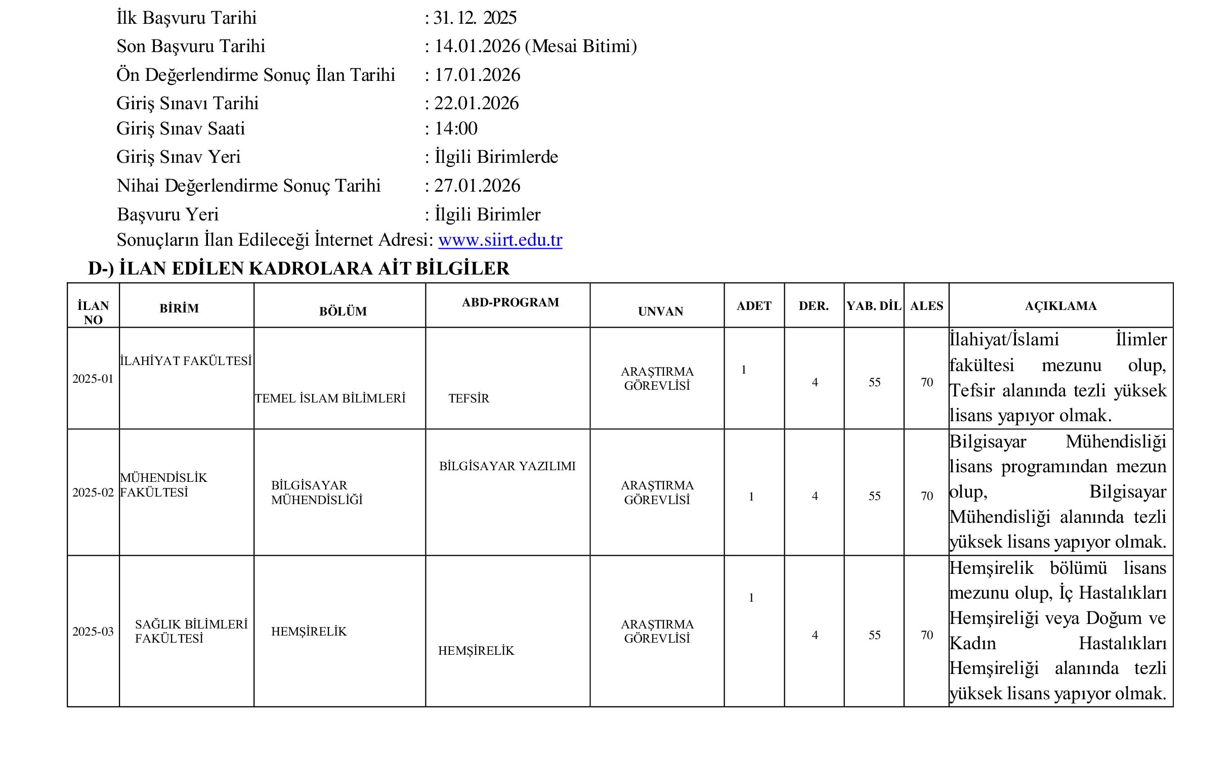 SİİRT ÜNİVERSİTESİ 43 ÖĞRETİM ÜYESİ ALACAK ( 31 Aralık - 14 Ocak) İlan İçeriği Sayfa 8