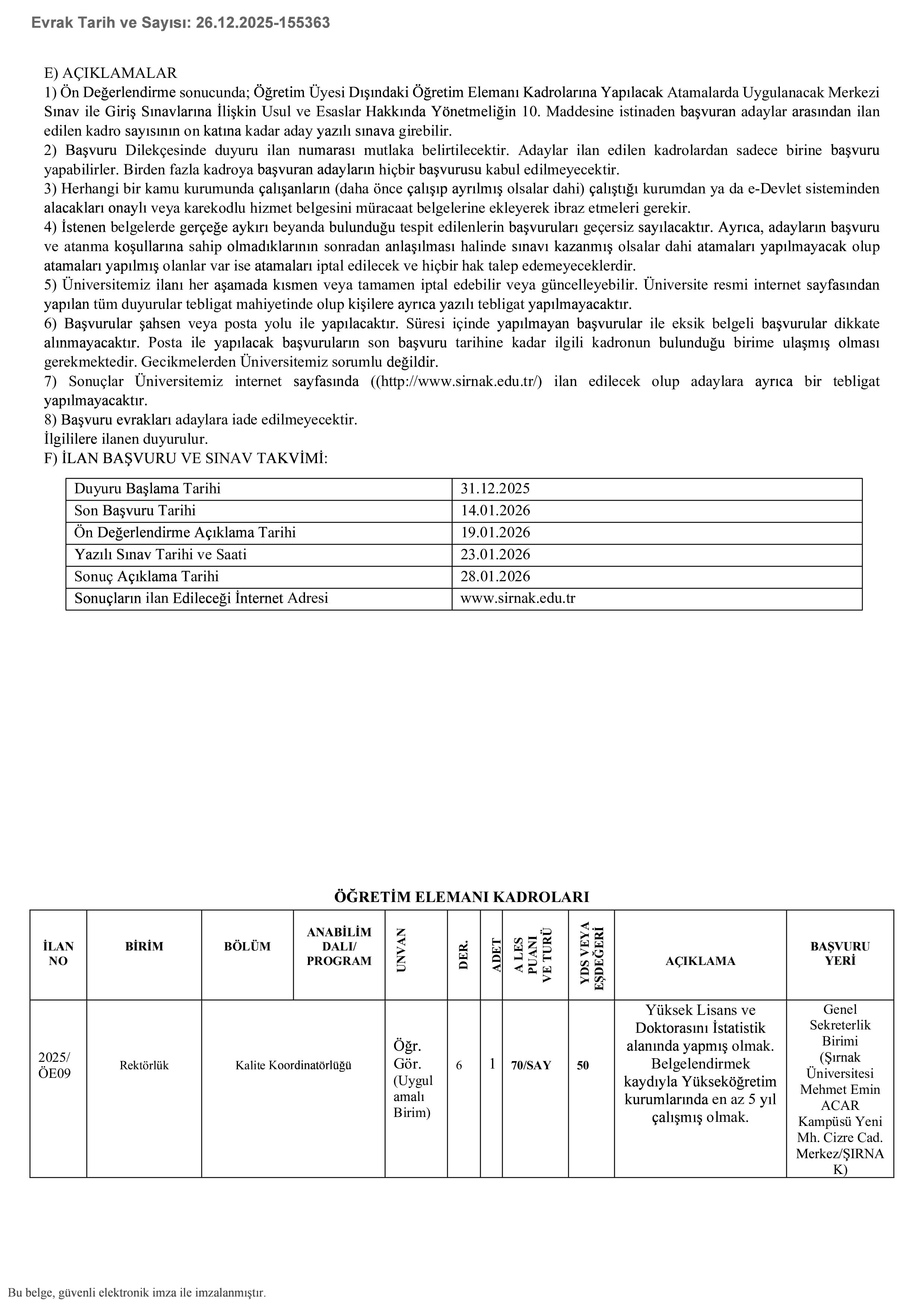 ŞIRNAK ÜNİVERSİTESİ 12 ÖĞRETİM ELEMANI ALACAK ( 31 Aralık - 14 Ocak) İlan İçeriği Sayfa 4