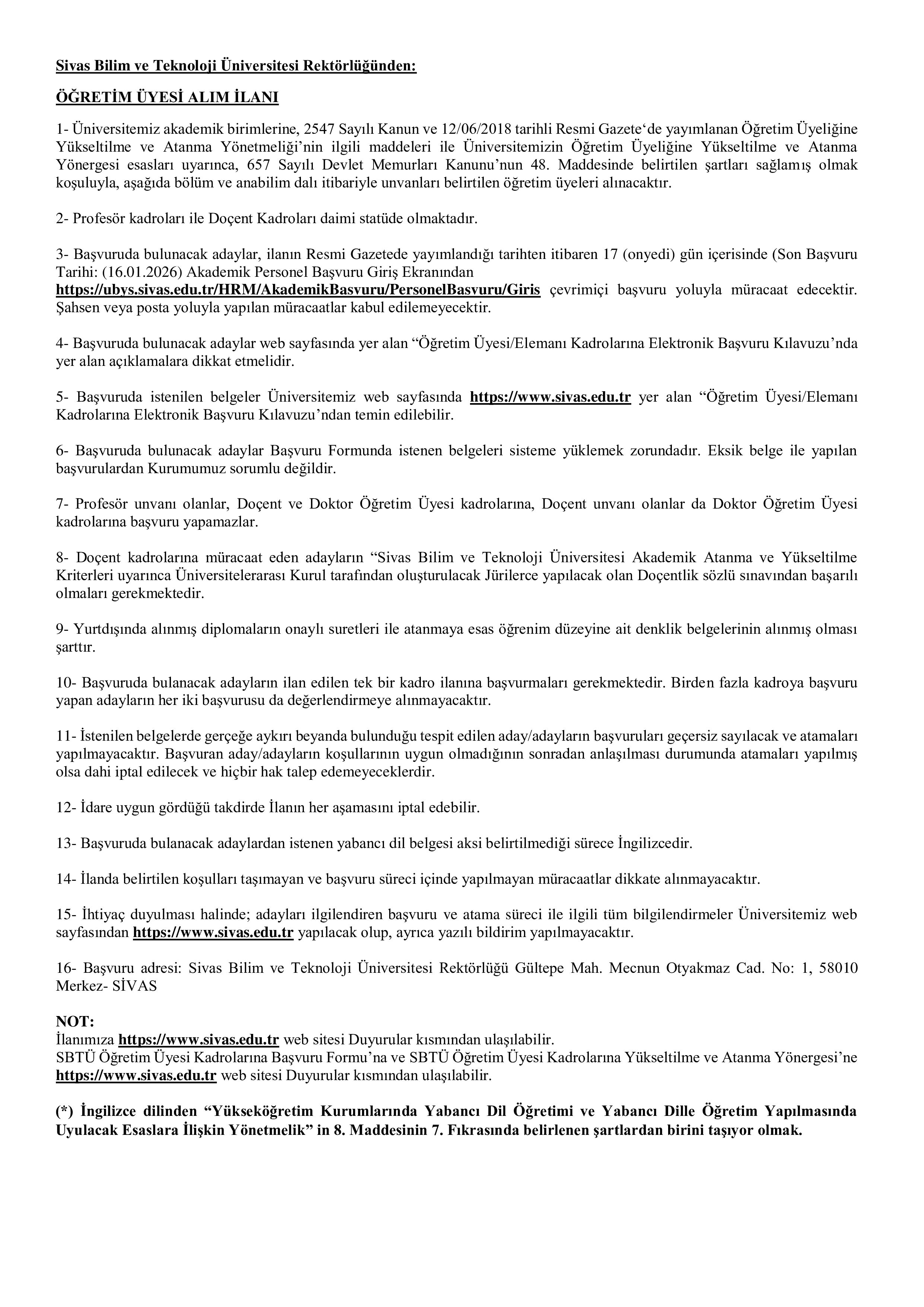 SİVAS BİLİM VE TEKNOLOJİ ÜNİVERSİTESİ 39 ÖĞRETİM ELEMANI ALACAK ( 31 Aralık - 16 Ocak) İlan İçeriği Sayfa 1