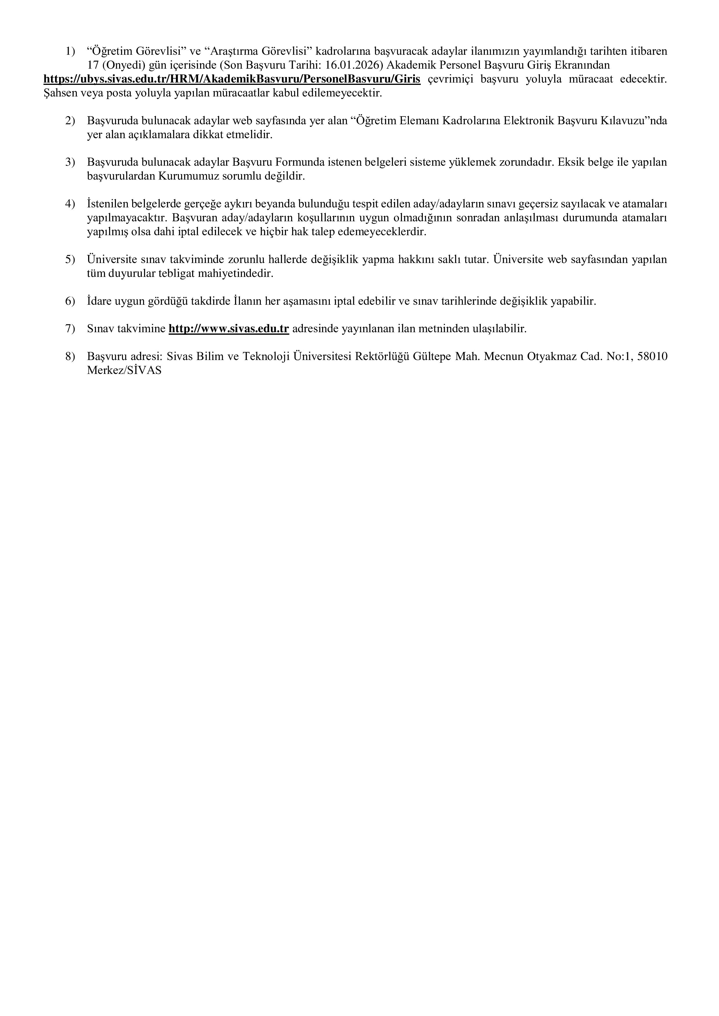 SİVAS BİLİM VE TEKNOLOJİ ÜNİVERSİTESİ 39 ÖĞRETİM ELEMANI ALACAK ( 31 Aralık - 16 Ocak) İlan İçeriği Sayfa 10