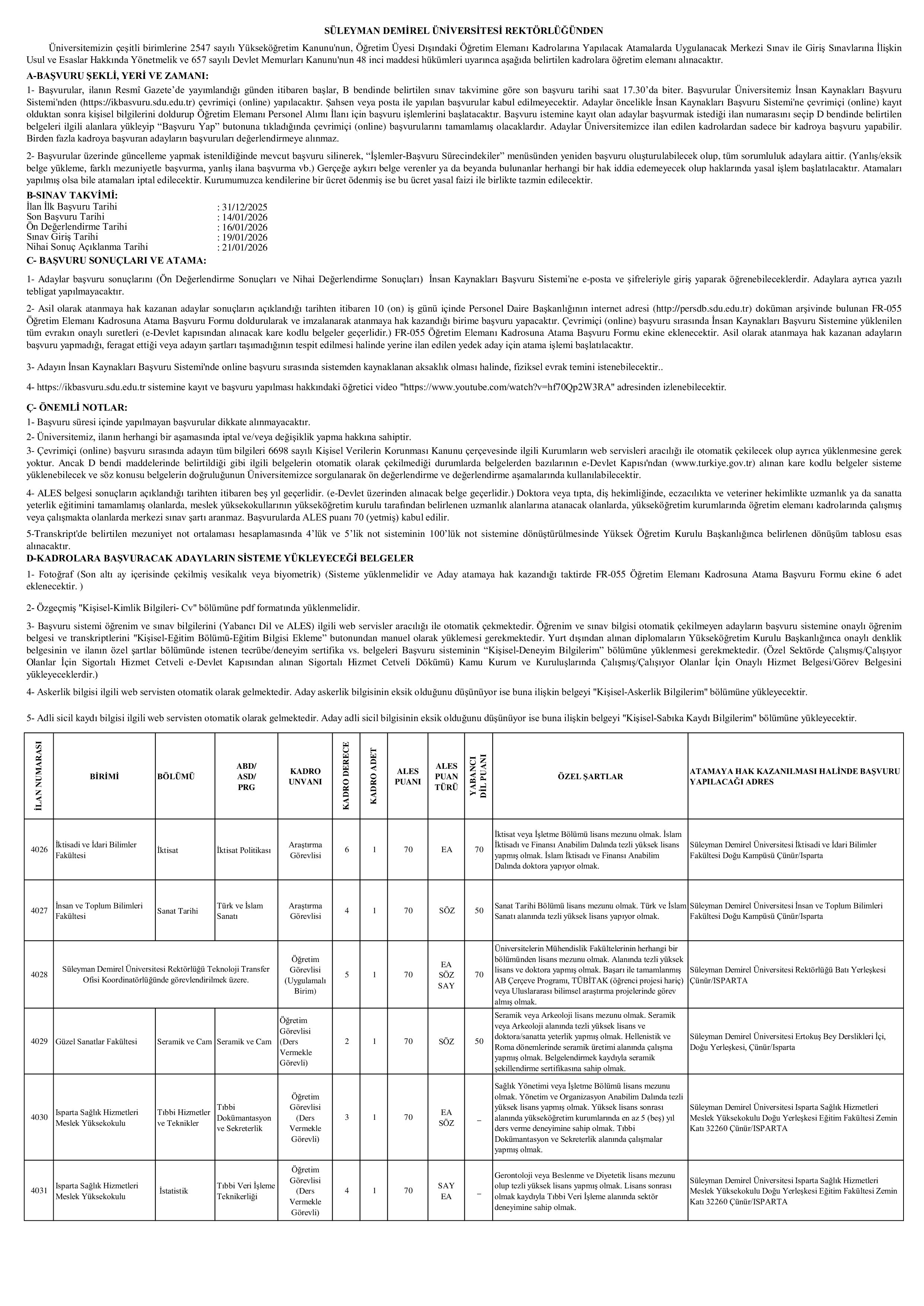 İlan İçeriği Sayfa 1 SÜLEYMAN DEMİREL ÜNİVERSİTESİ SÜLEYMAN DEMİREL ÜNİVERSİTESİ 1 ÖĞRETİM GÖREVLİSİ İPTAL İLANI ve 1 ÖĞRETİM GÖREVLİSİ DÜZELTME İLANI ( 2 Ocak - 14 Ocak) İlan İçeriği Sayfa 1