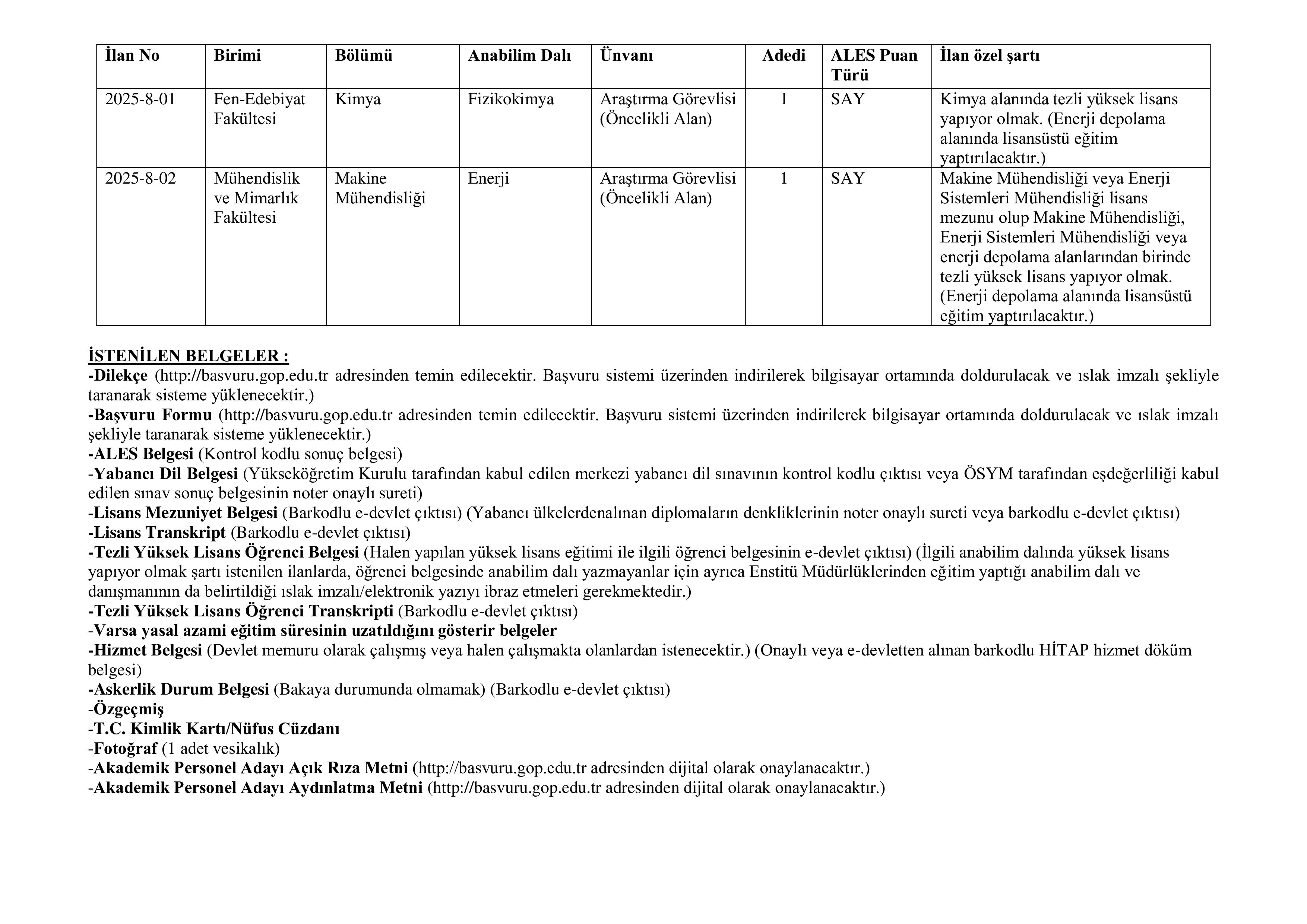 TOKAT GAZİOSMANPAŞA ÜNİVERSİTESİ 78 ÖĞRETİM ÜYESİ ALACAK ( 31 Aralık - 14 Ocak) İlan İçeriği Sayfa 5
