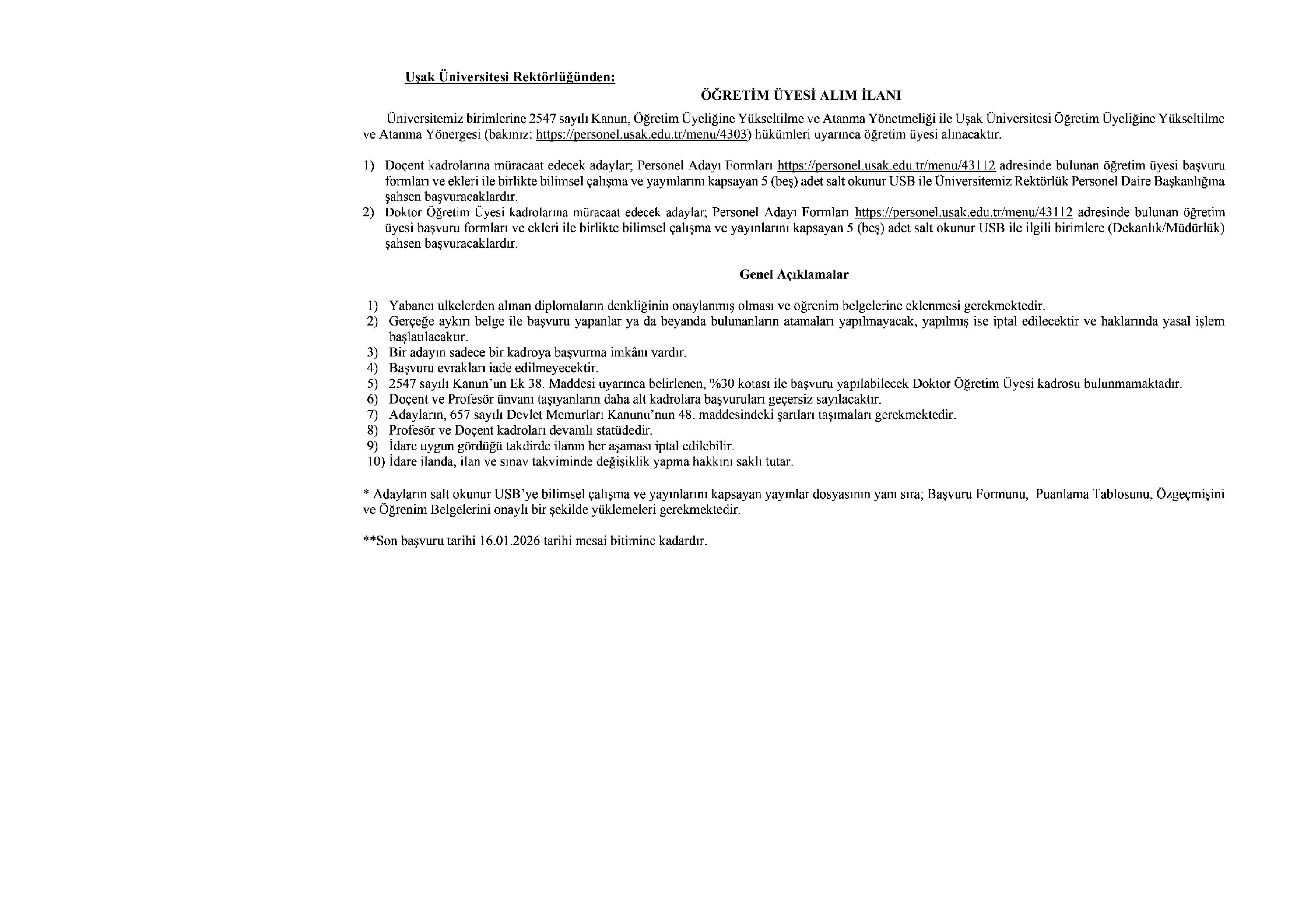 UŞAK ÜNİVERSİTESİ 7 ÖĞRETİM ÜYESİ ALACAK ( 31 Aralık - 16 Ocak) İlan İçeriği Sayfa 1