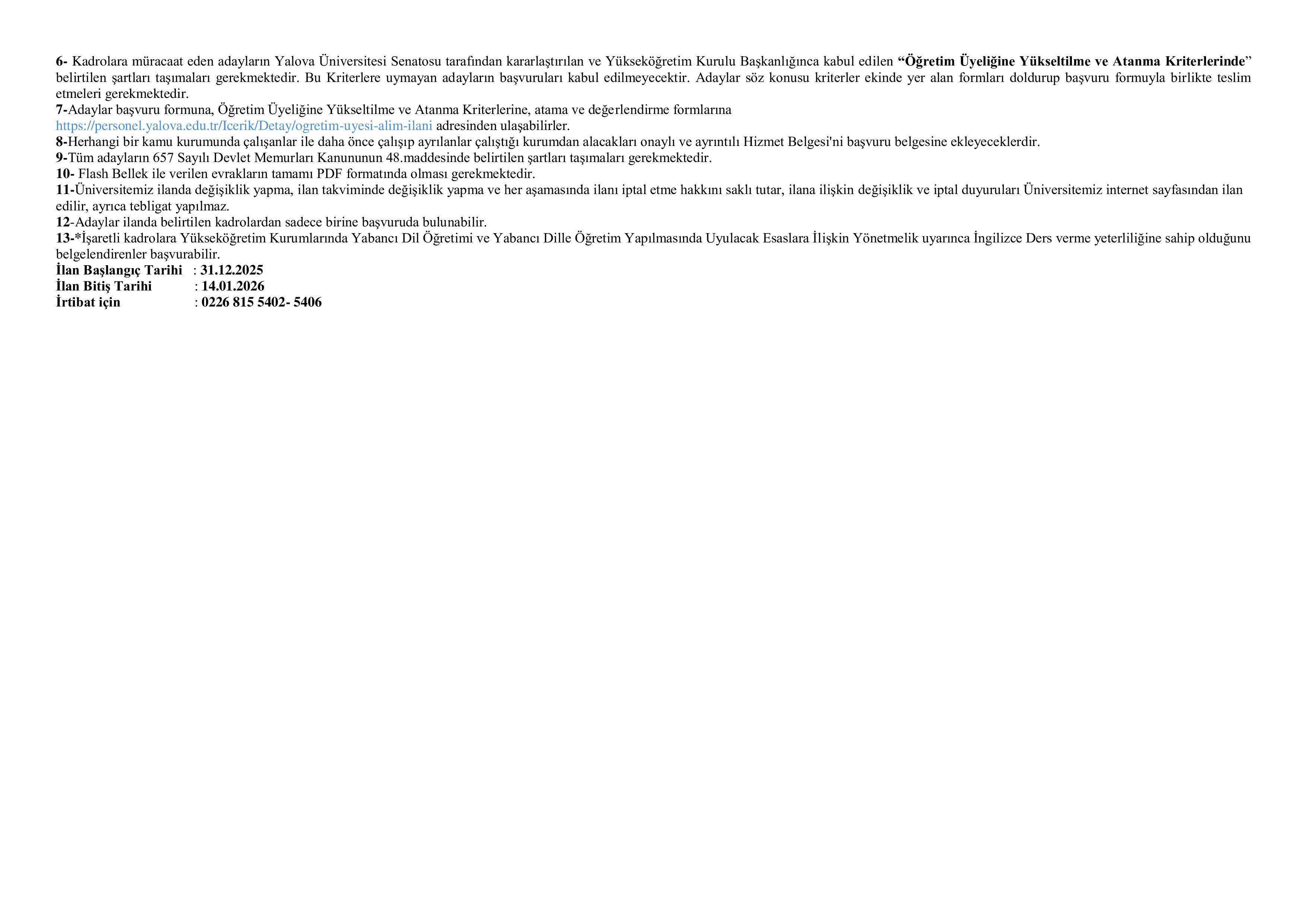 YALOVA ÜNİVERSİTESİ 63 ÖĞRETİM ELEMANI ALACAK   ( 31 Aralık - 14 Ocak) İlan İçeriği Sayfa 5