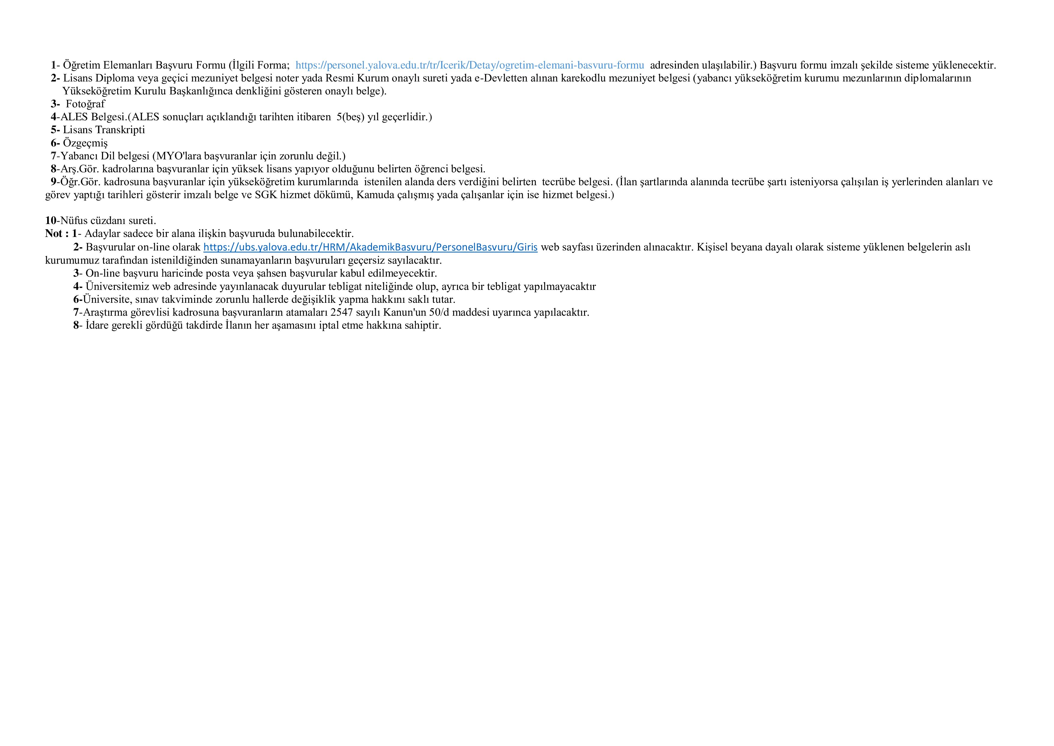 YALOVA ÜNİVERSİTESİ 63 ÖĞRETİM ELEMANI ALACAK   ( 31 Aralık - 14 Ocak) İlan İçeriği Sayfa 9