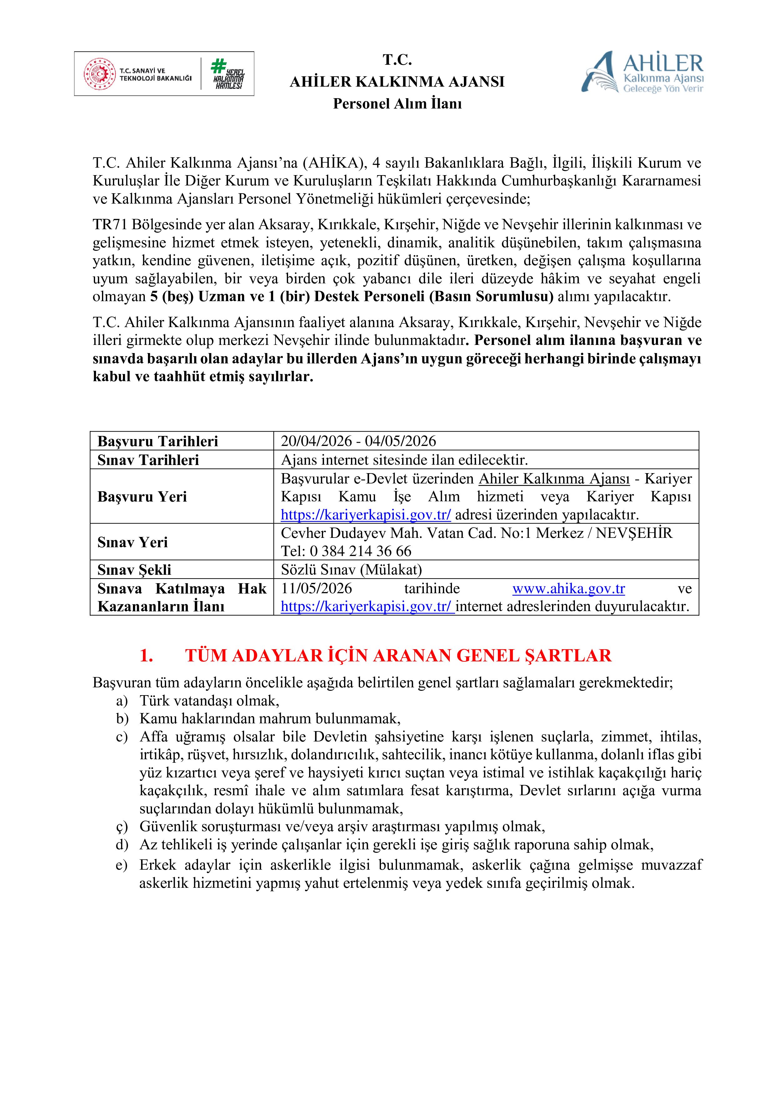 AHİLER KALKINMA AJANSI 6 SÖZLEŞMELİ PERSONEL ALACAK ( 20 Nisan - 4 Mayıs) İlan İçeriği Sayfa 1