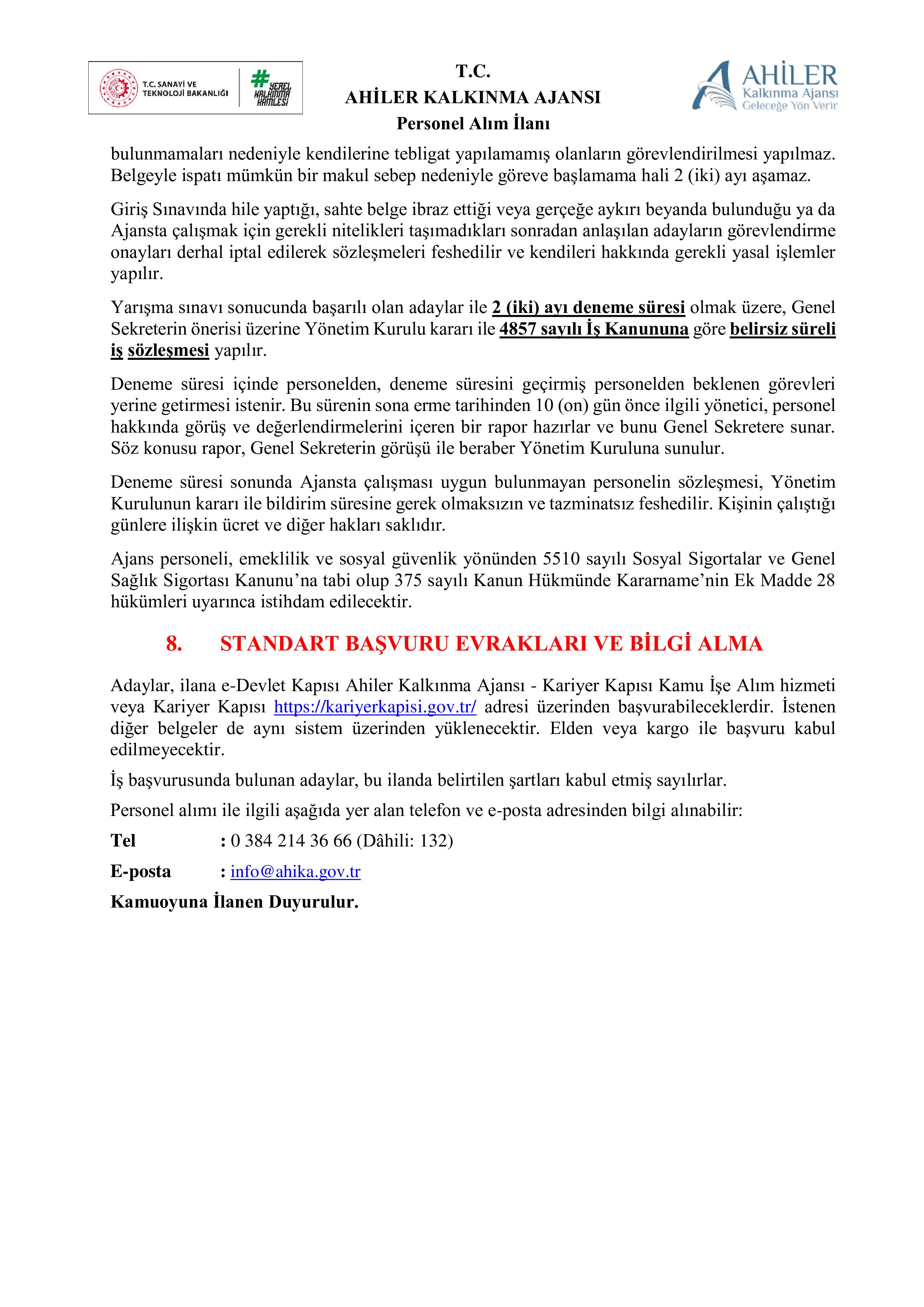 AHİLER KALKINMA AJANSI 6 SÖZLEŞMELİ PERSONEL ALACAK ( 20 Nisan - 4 Mayıs) İlan İçeriği Sayfa 11