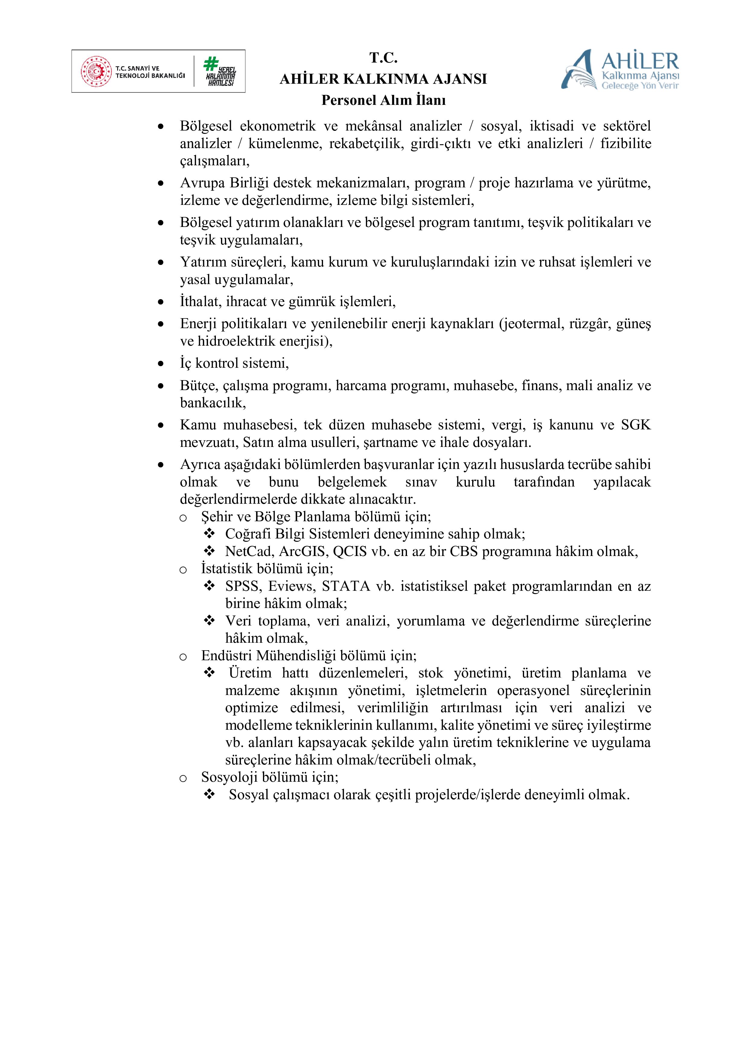 AHİLER KALKINMA AJANSI 6 SÖZLEŞMELİ PERSONEL ALACAK ( 20 Nisan - 4 Mayıs) İlan İçeriği Sayfa 4