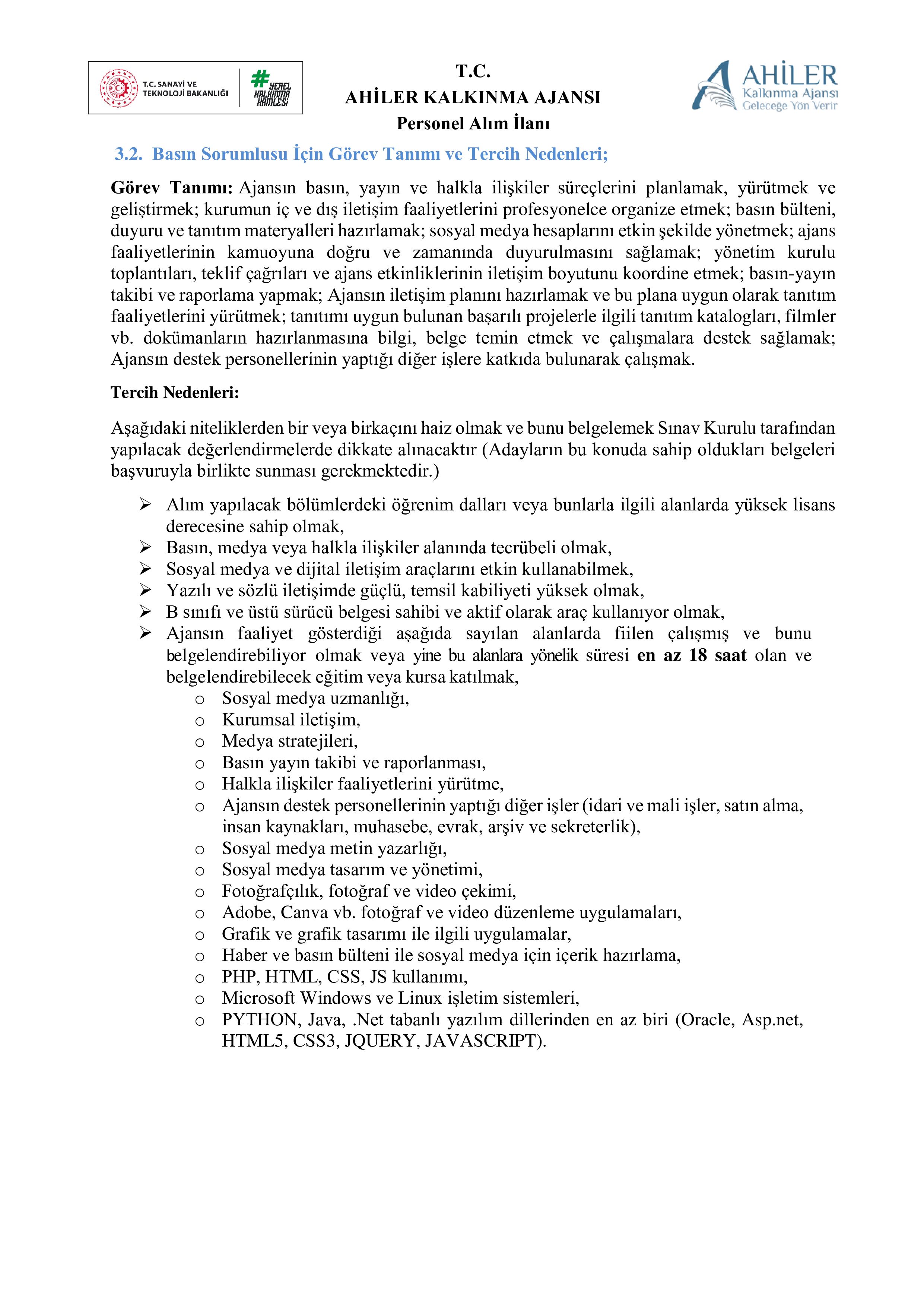 AHİLER KALKINMA AJANSI 6 SÖZLEŞMELİ PERSONEL ALACAK ( 20 Nisan - 4 Mayıs) İlan İçeriği Sayfa 6