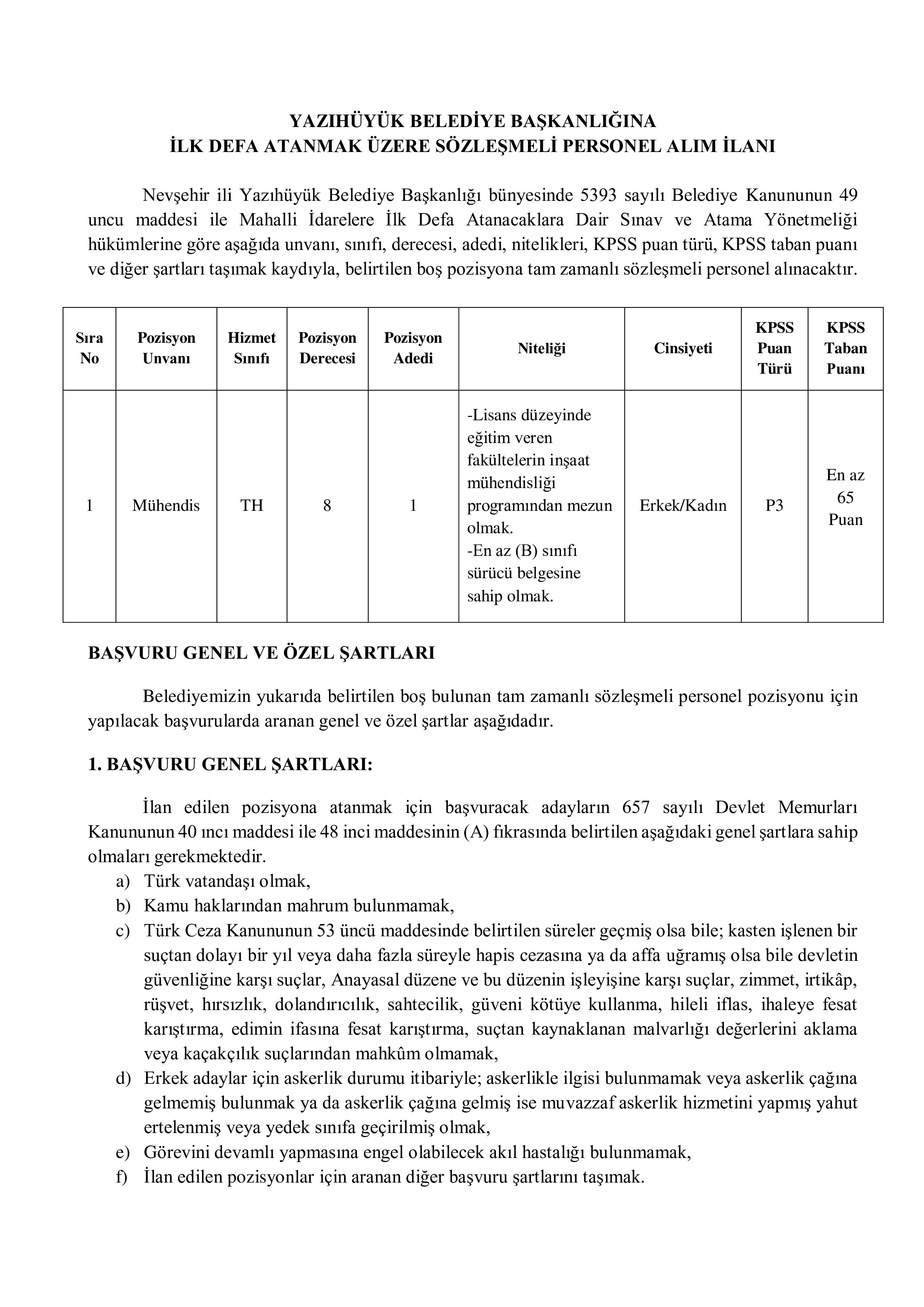 İlan İçeriği Sayfa 1 YAZIHÜYÜK BELEDİYE BAŞKANLIĞI 1 SÖZLEŞMELİ PERSONEL ALACAK ( 20 Mayıs - 22 Mayıs) İlan İçeriği Sayfa 1