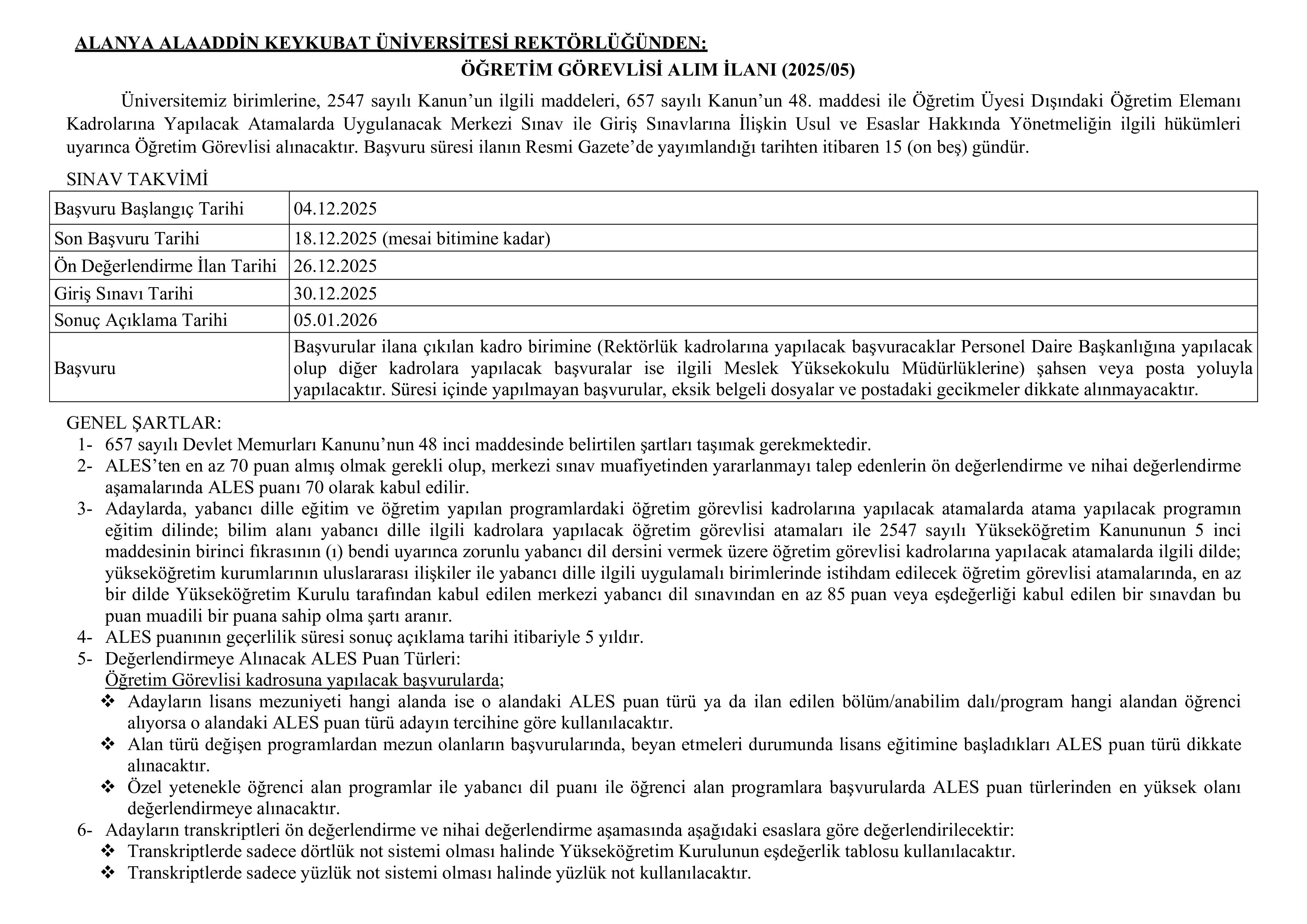 ALANYA ALAADDİN KEYKUBAT ÜNİVERSİTESİ 23 ÖĞRETİM ÜYESİ ALACAK ( 4 Aralık - 18 Aralık) İlan İçeriği Sayfa 1