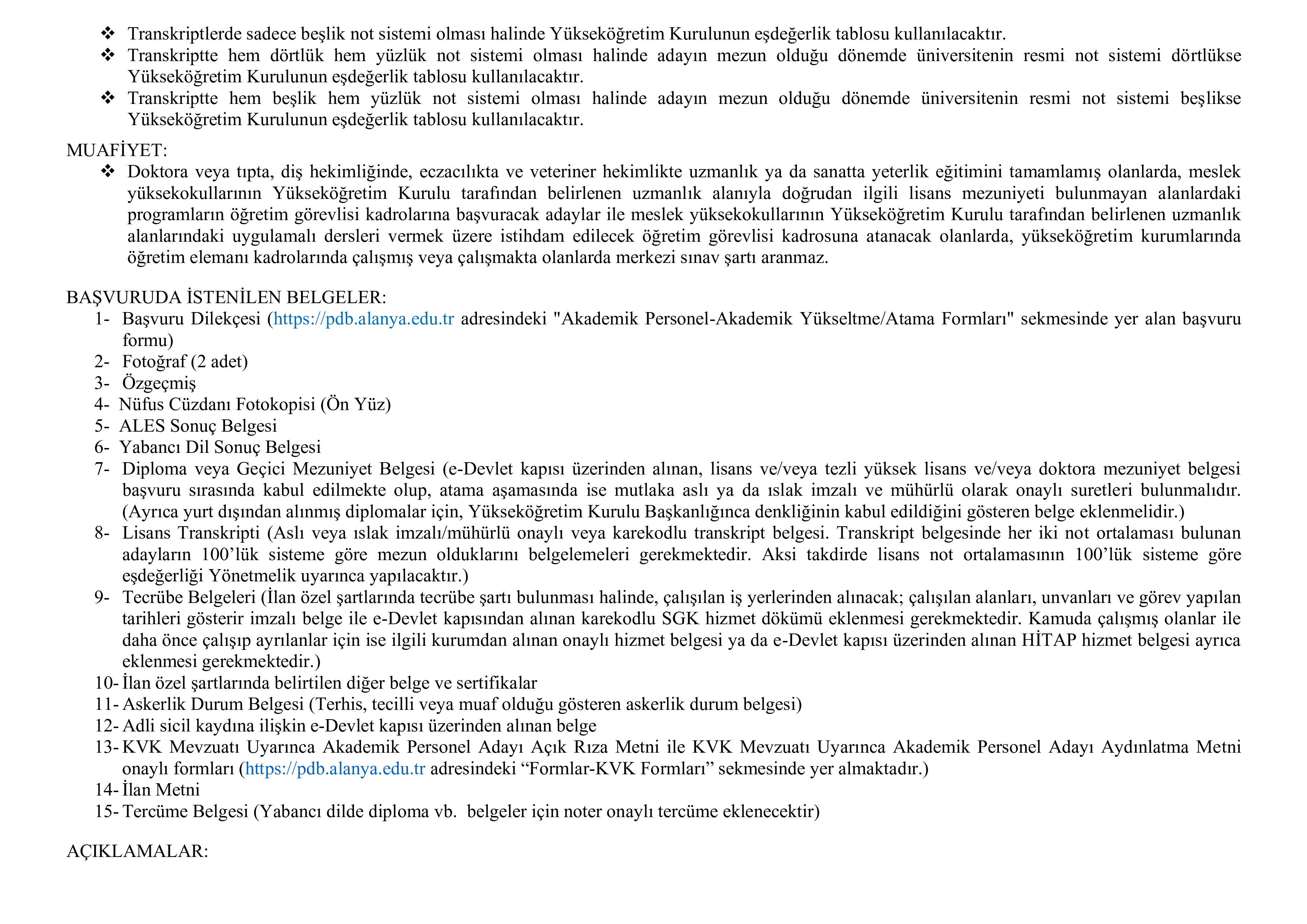 ALANYA ALAADDİN KEYKUBAT ÜNİVERSİTESİ 23 ÖĞRETİM ÜYESİ ALACAK ( 4 Aralık - 18 Aralık) İlan İçeriği Sayfa 2