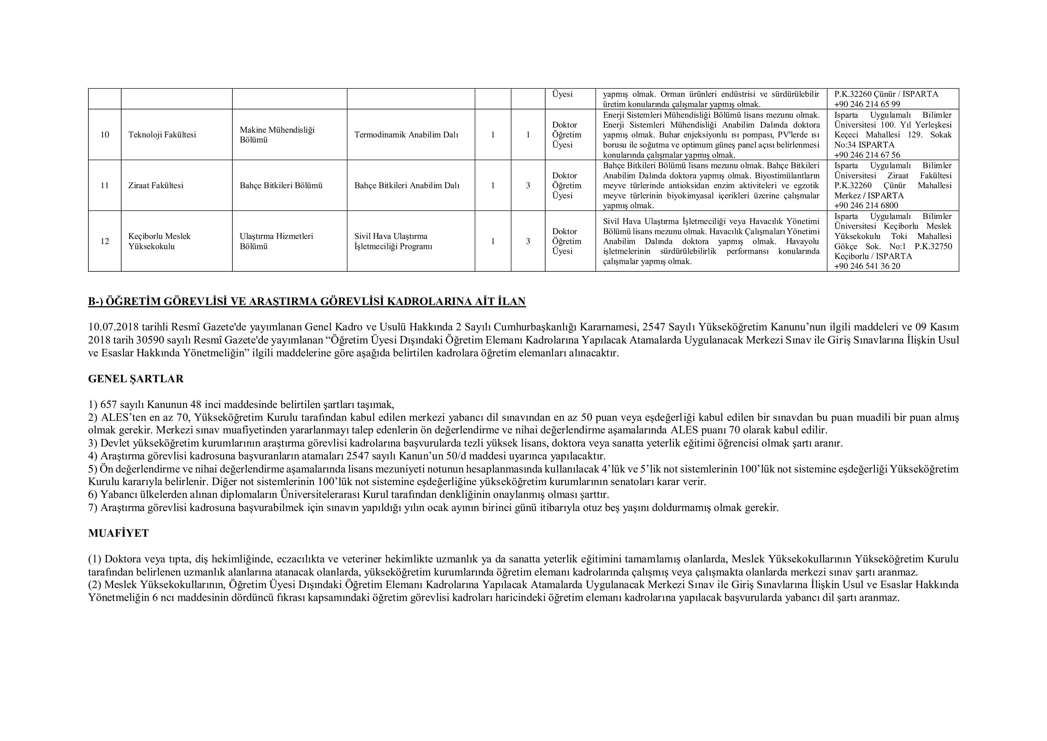 ISPARTA UYGULAMALI BİLİMLER ÜNİVERSİTESİ 15 ÖĞRETİM ELEMANI ALACAK ( 4 Aralık - 19 Aralık) İlan İçeriği Sayfa 3
