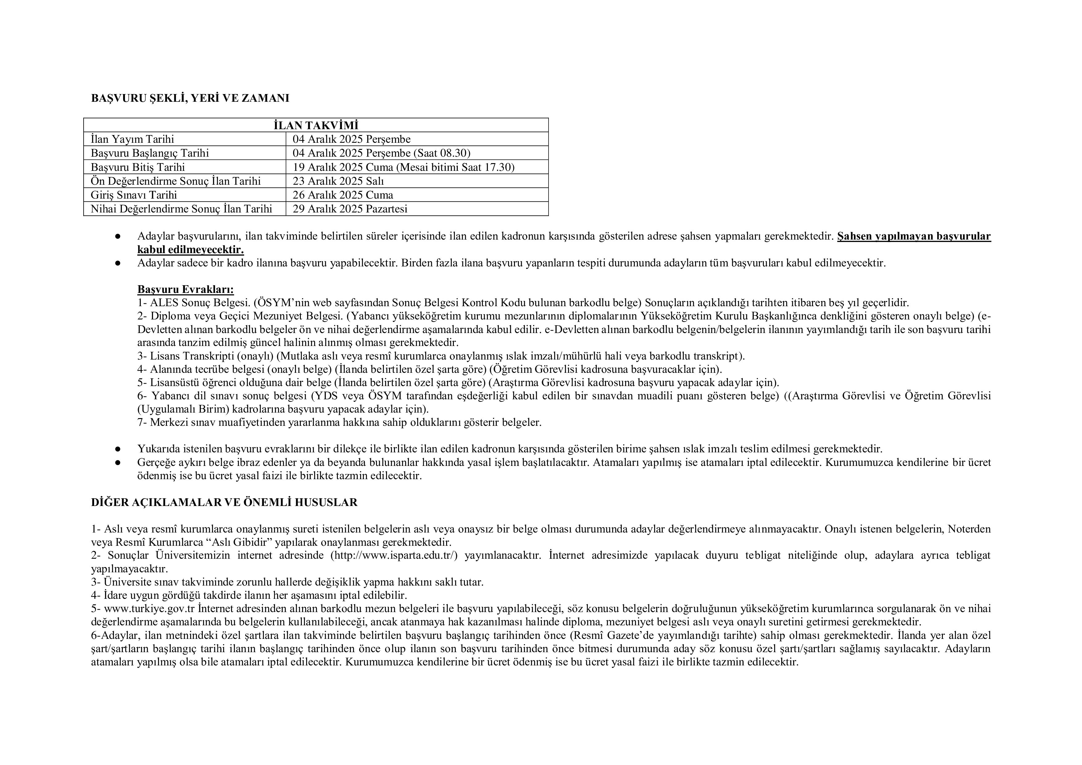 ISPARTA UYGULAMALI BİLİMLER ÜNİVERSİTESİ 15 ÖĞRETİM ELEMANI ALACAK ( 4 Aralık - 19 Aralık) İlan İçeriği Sayfa 4