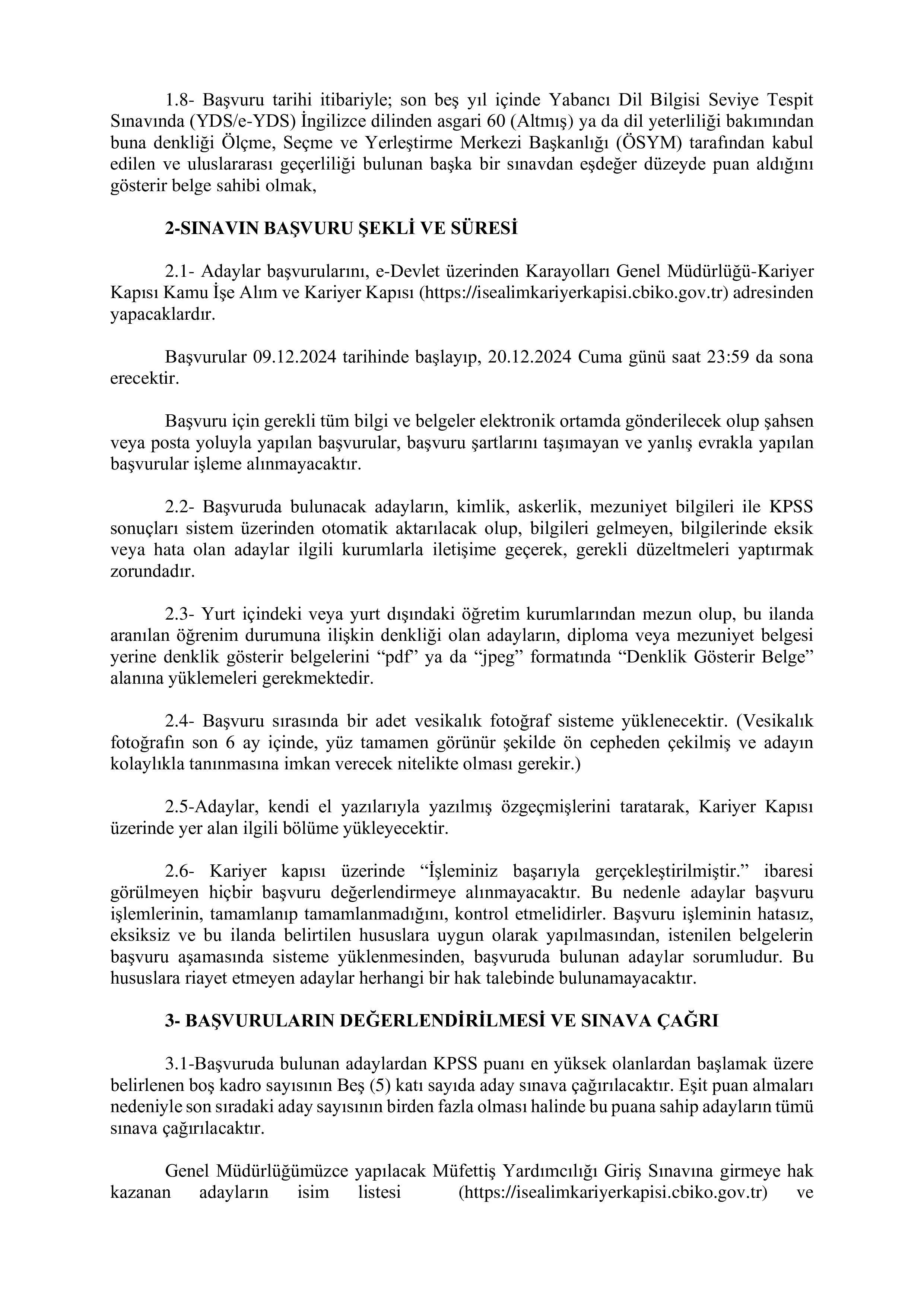 KARAYOLLARI GENEL MÜDÜRLÜĞÜ 5 MÜFETTİŞ YARDIMCISI ALACAK ( 9 Aralık - 20 Aralık) İlan İçeriği Sayfa 2