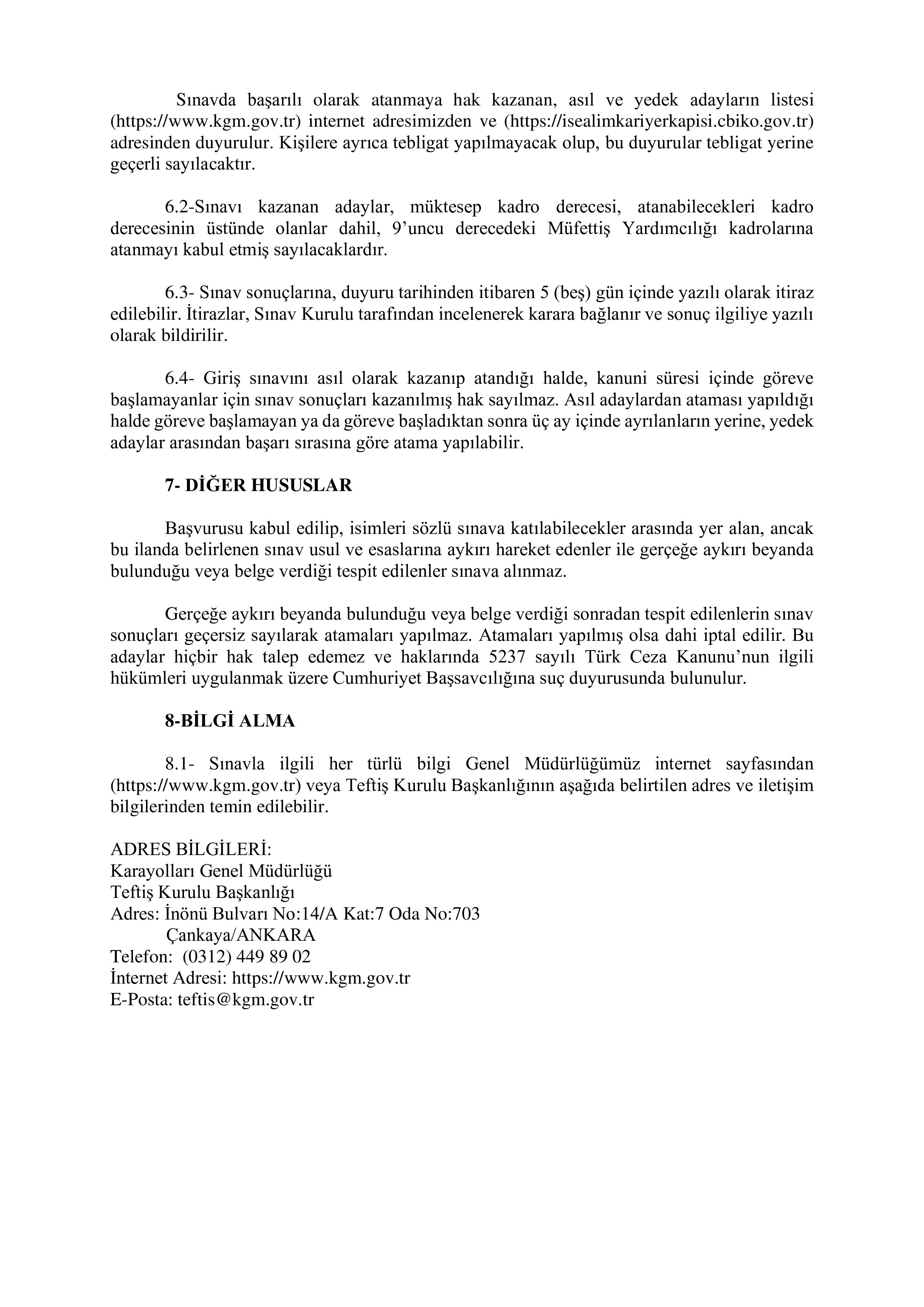 KARAYOLLARI GENEL MÜDÜRLÜĞÜ 5 MÜFETTİŞ YARDIMCISI ALACAK ( 9 Aralık - 20 Aralık) İlan İçeriği Sayfa 4