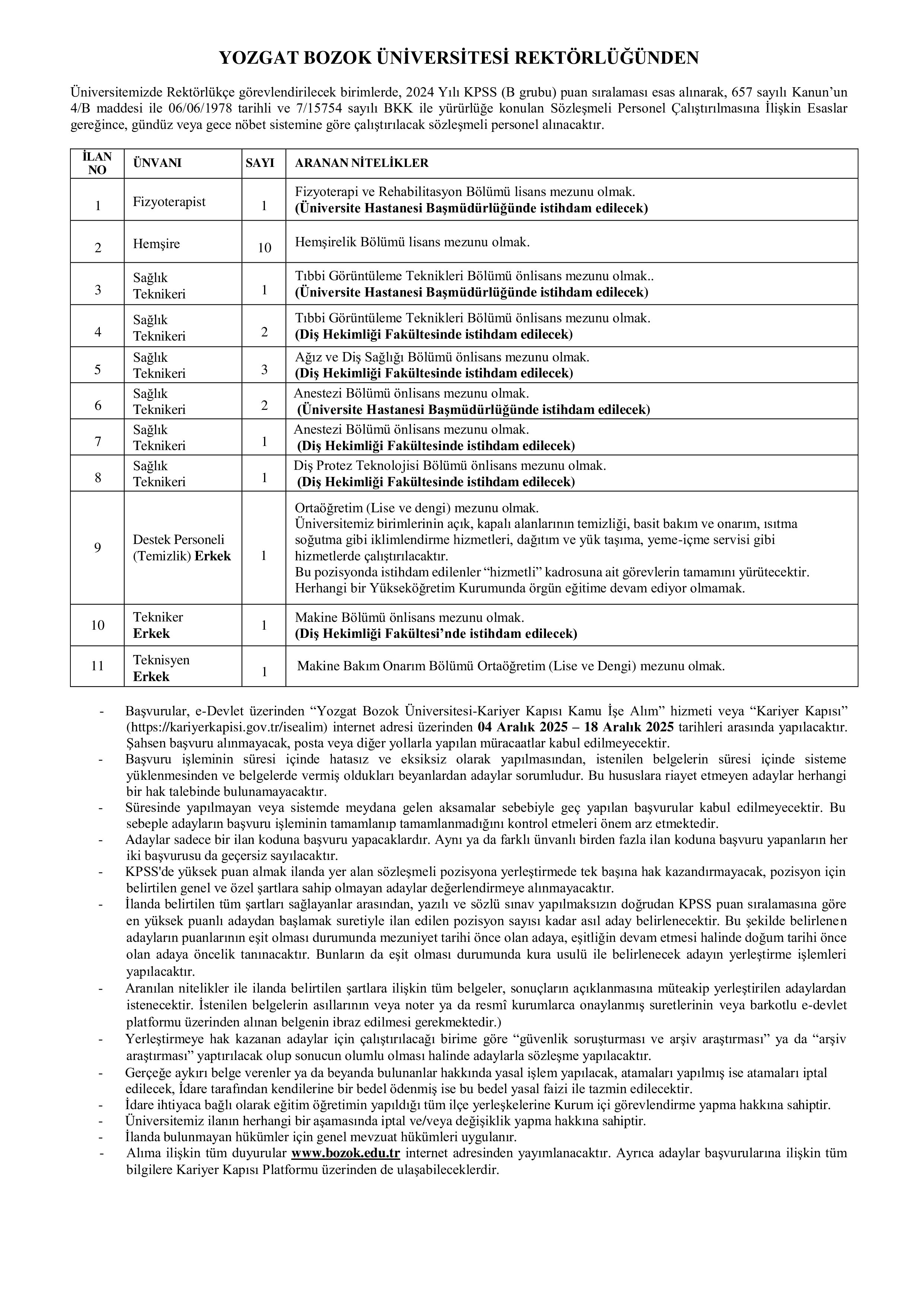 YOZGAT BOZOK ÜNİVERSİTESİ 24 SÖZLEŞMELİ PERSONEL ALACAK ( 4 Aralık - 18 Aralık) İlan İçeriği Sayfa 1