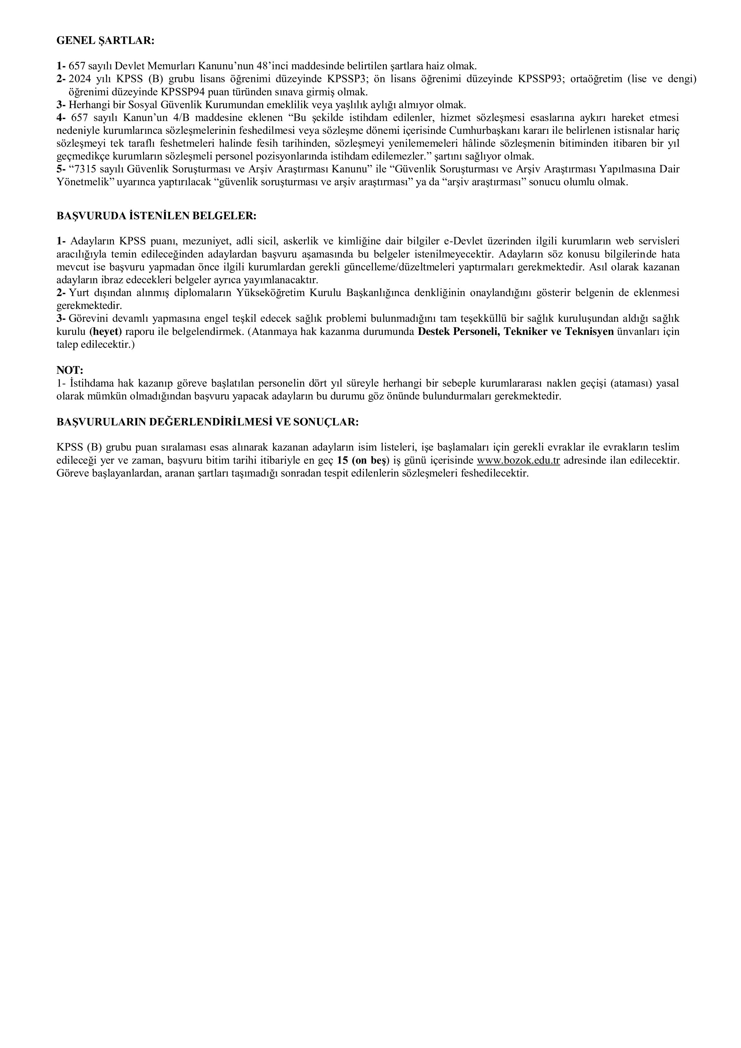 YOZGAT BOZOK ÜNİVERSİTESİ 24 SÖZLEŞMELİ PERSONEL ALACAK ( 4 Aralık - 18 Aralık) İlan İçeriği Sayfa 2