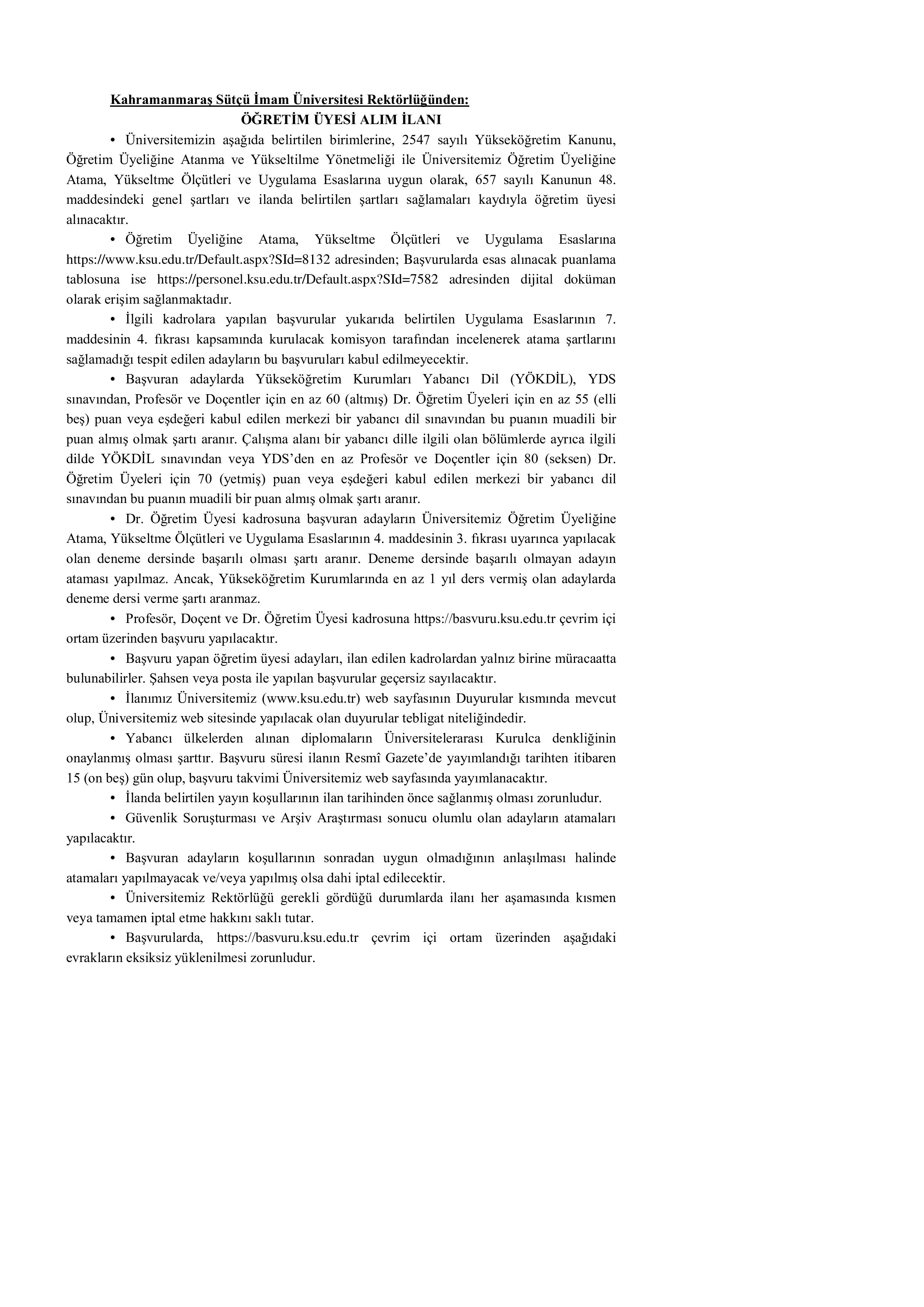 KAHRAMANMARAŞ SÜTÇÜ İMAM ÜNİVERSİTESİ 56 ÖĞRETİM ÜYESİ ALACAK ( 4 Ekim - 18 Ekim) İlan İçeriği Sayfa 1
