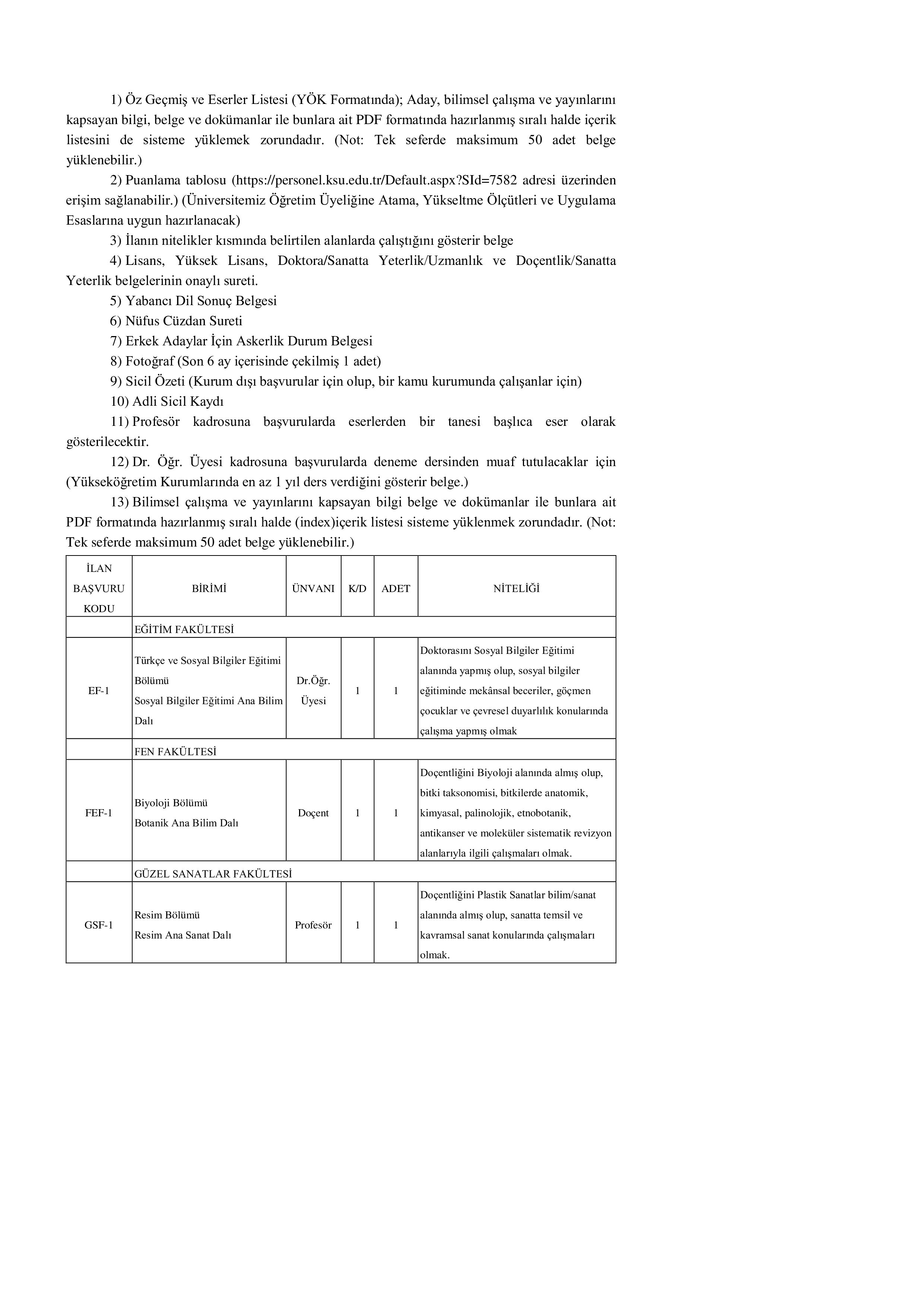 KAHRAMANMARAŞ SÜTÇÜ İMAM ÜNİVERSİTESİ 56 ÖĞRETİM ÜYESİ ALACAK ( 4 Ekim - 18 Ekim) İlan İçeriği Sayfa 2