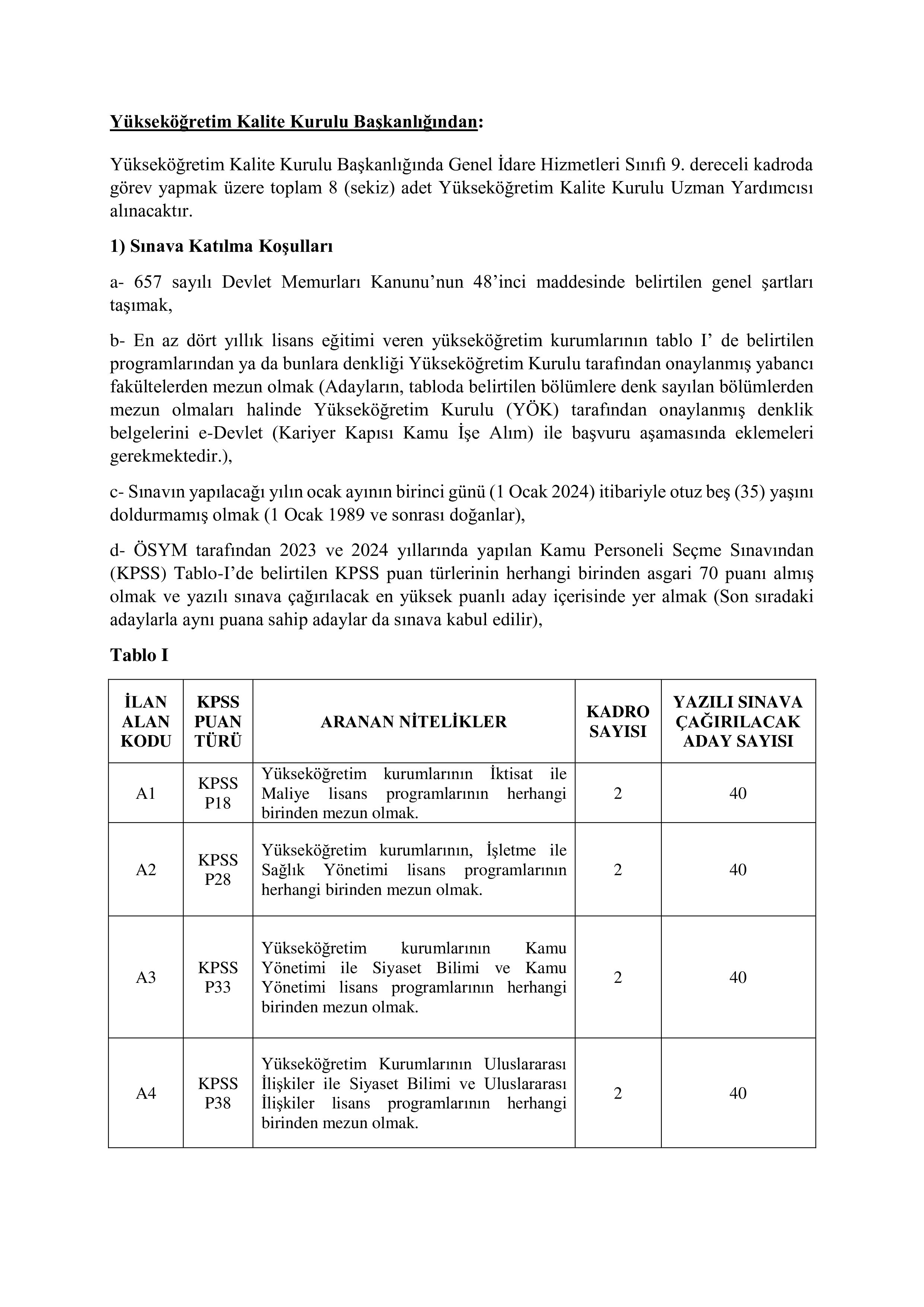 YÜKSEKÖĞRETİM KALİTE KURULU 8 UZMAN YARDIMCISI ALACAK ( 21 Ekim - 4 Kasım) İlan İçeriği Sayfa 1