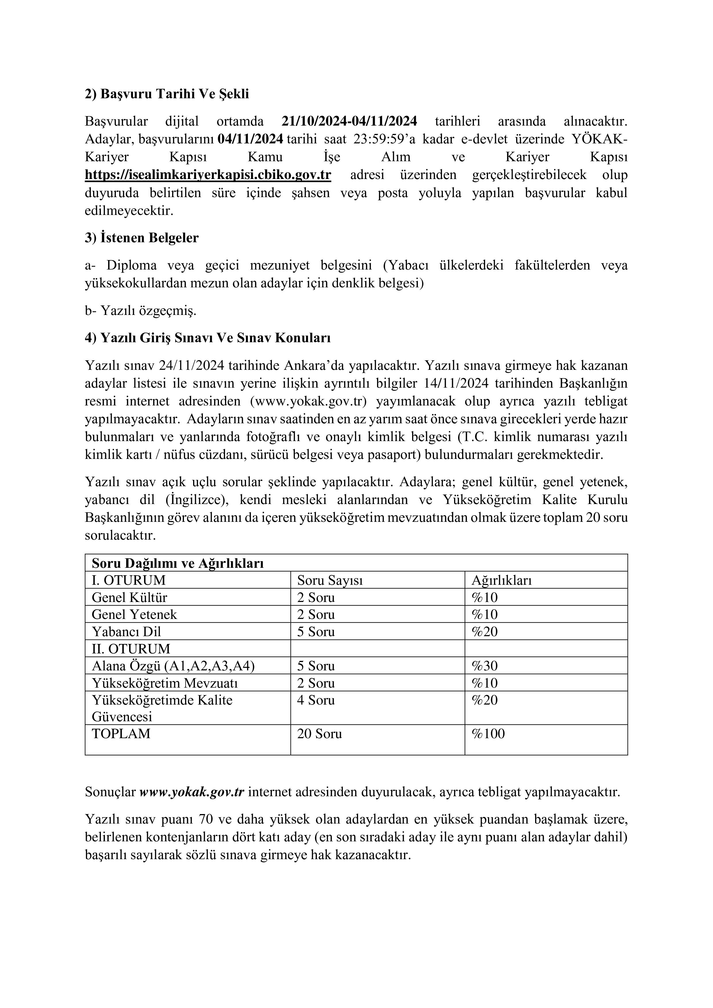 YÜKSEKÖĞRETİM KALİTE KURULU 8 UZMAN YARDIMCISI ALACAK ( 21 Ekim - 4 Kasım) İlan İçeriği Sayfa 2