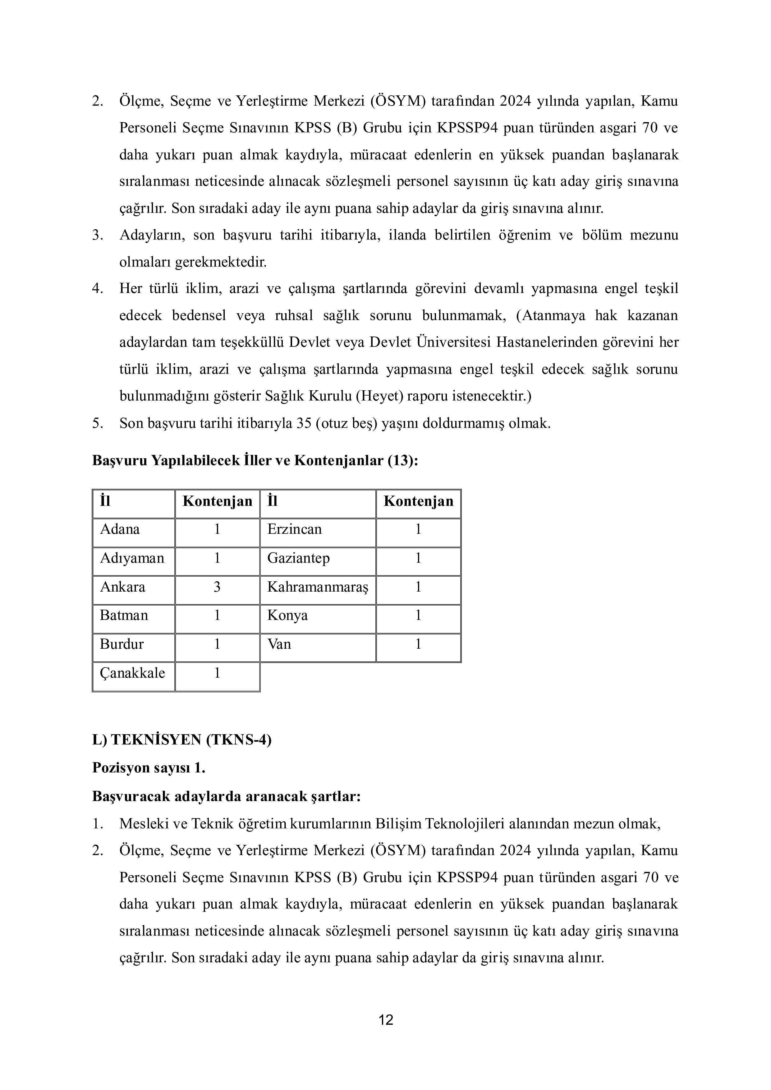 KÜLTÜR VE TURİZM BAKANLIĞI 67 SÖZLEŞMELİ PERSONEL ALACAK ( 15 Haziran - 29 Haziran) İlan İçeriği Sayfa 12