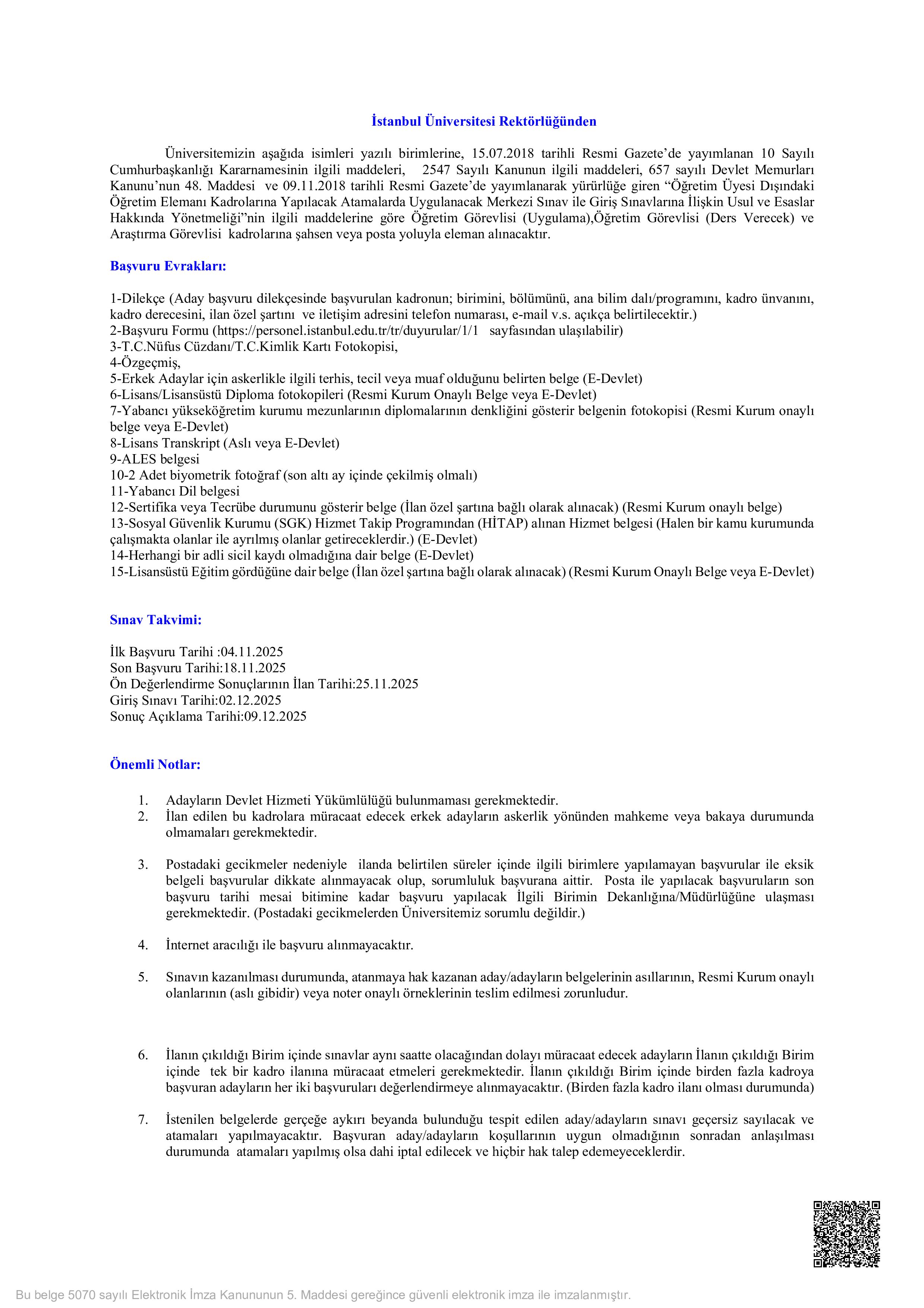 İlan İçeriği Sayfa 1 İSTANBUL ÜNİVERSİTESİ 6 ÖĞRETİM ELEMANI ALACAK ( 4 Kasım - 18 Kasım) İlan İçeriği Sayfa 1