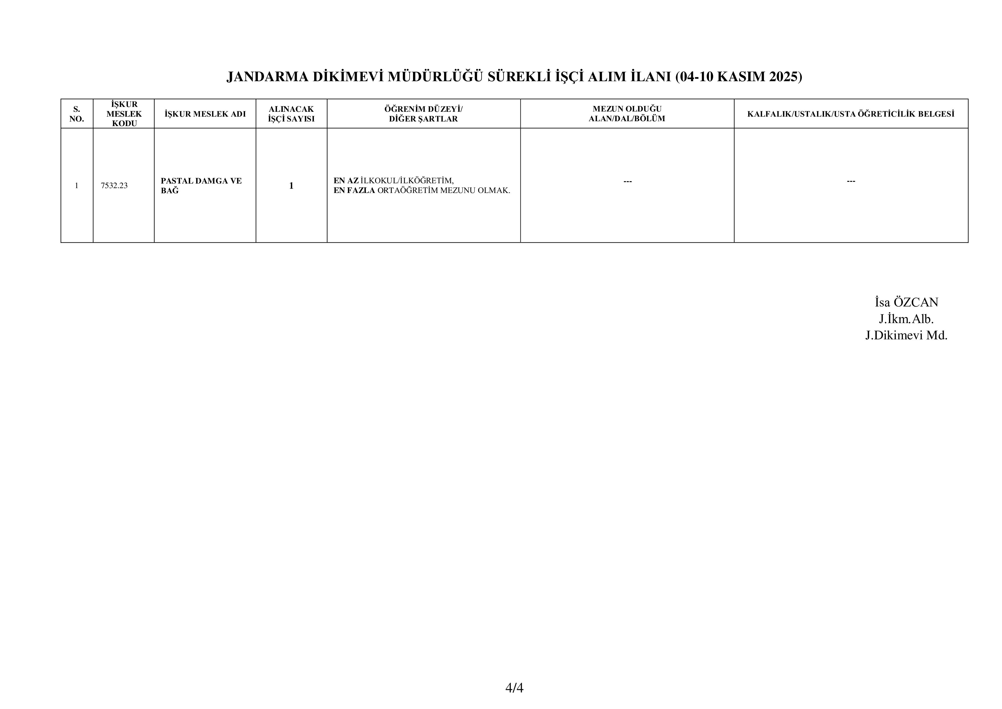 İlan İçeriği Sayfa 4 JANDARMA GENEL KOMUTANLIĞI 1 SüREKLİ İŞÇİ ALACAK ( 4 Kasım - 10 Kasım) İlan İçeriği Sayfa 4