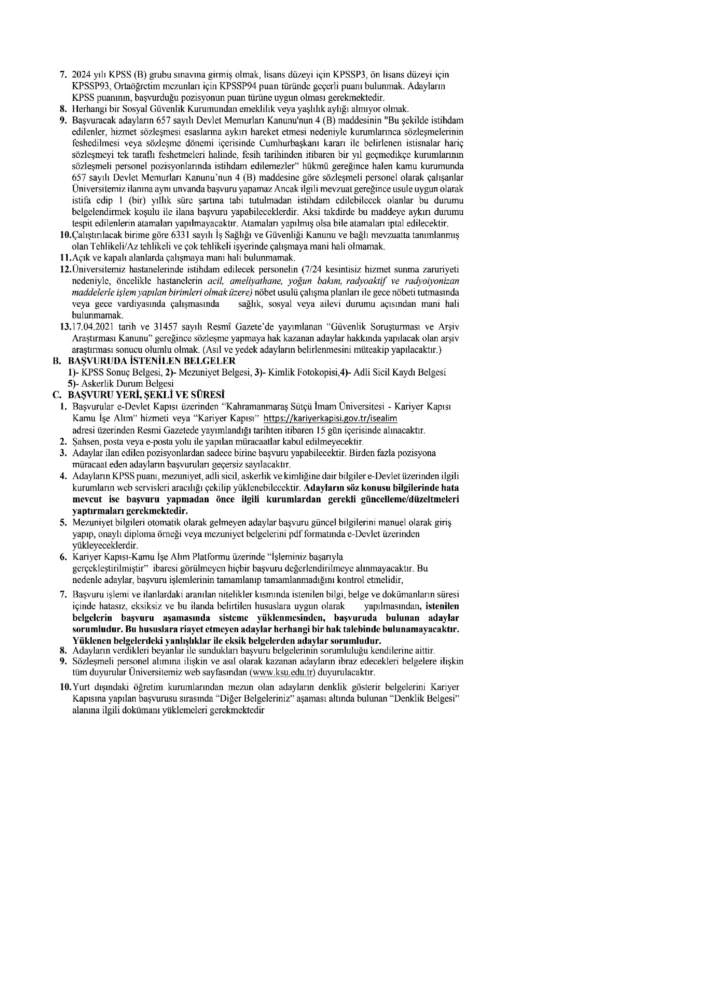 İlan İçeriği Sayfa 3 KAHRAMANMARAŞ SÜTÇÜ İMAM ÜNİVERSİTESİ 110 SÖZLEŞMELİ PERSONEL ALACAK ( 4 Kasım - 18 Kasım) İlan İçeriği Sayfa 3