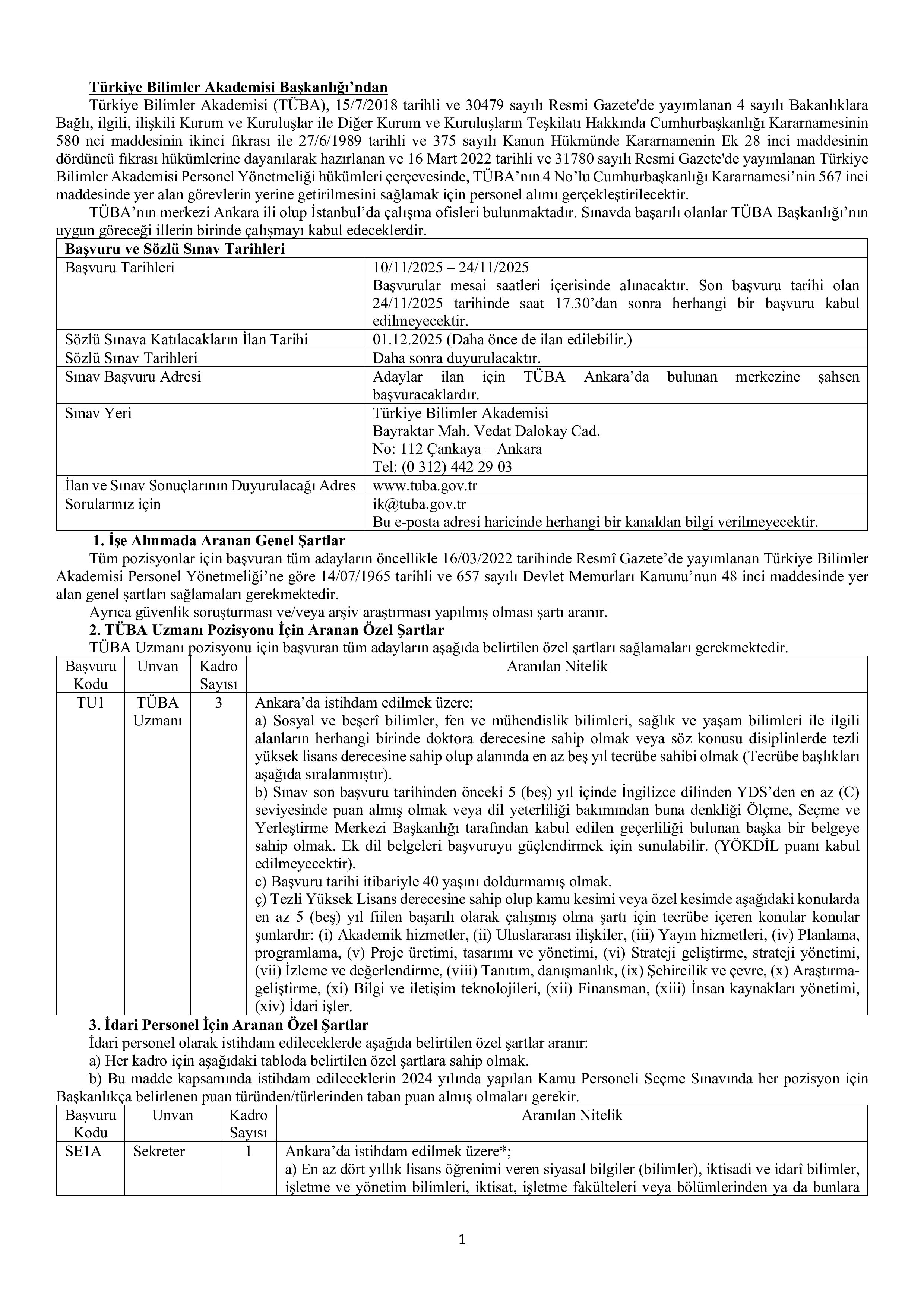 TÜRKİYE BİLİMLER AKADEMİSİ (TÜBA) 8 SüREKLİ İŞÇİ ALACAK ( 10 Kasım - 24 Kasım) İlan İçeriği Sayfa 1