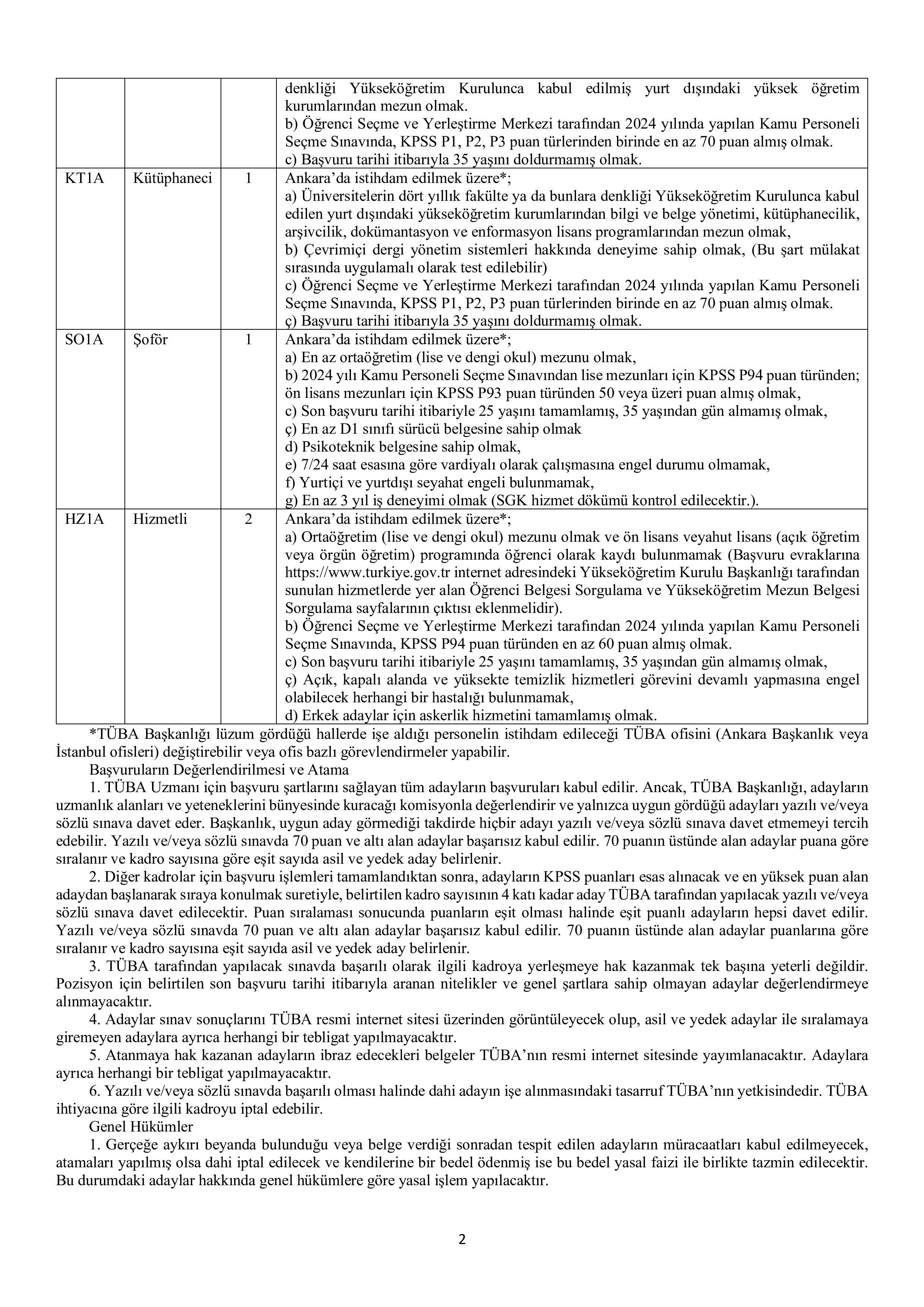 TÜRKİYE BİLİMLER AKADEMİSİ (TÜBA) 8 SüREKLİ İŞÇİ ALACAK ( 10 Kasım - 24 Kasım) İlan İçeriği Sayfa 2