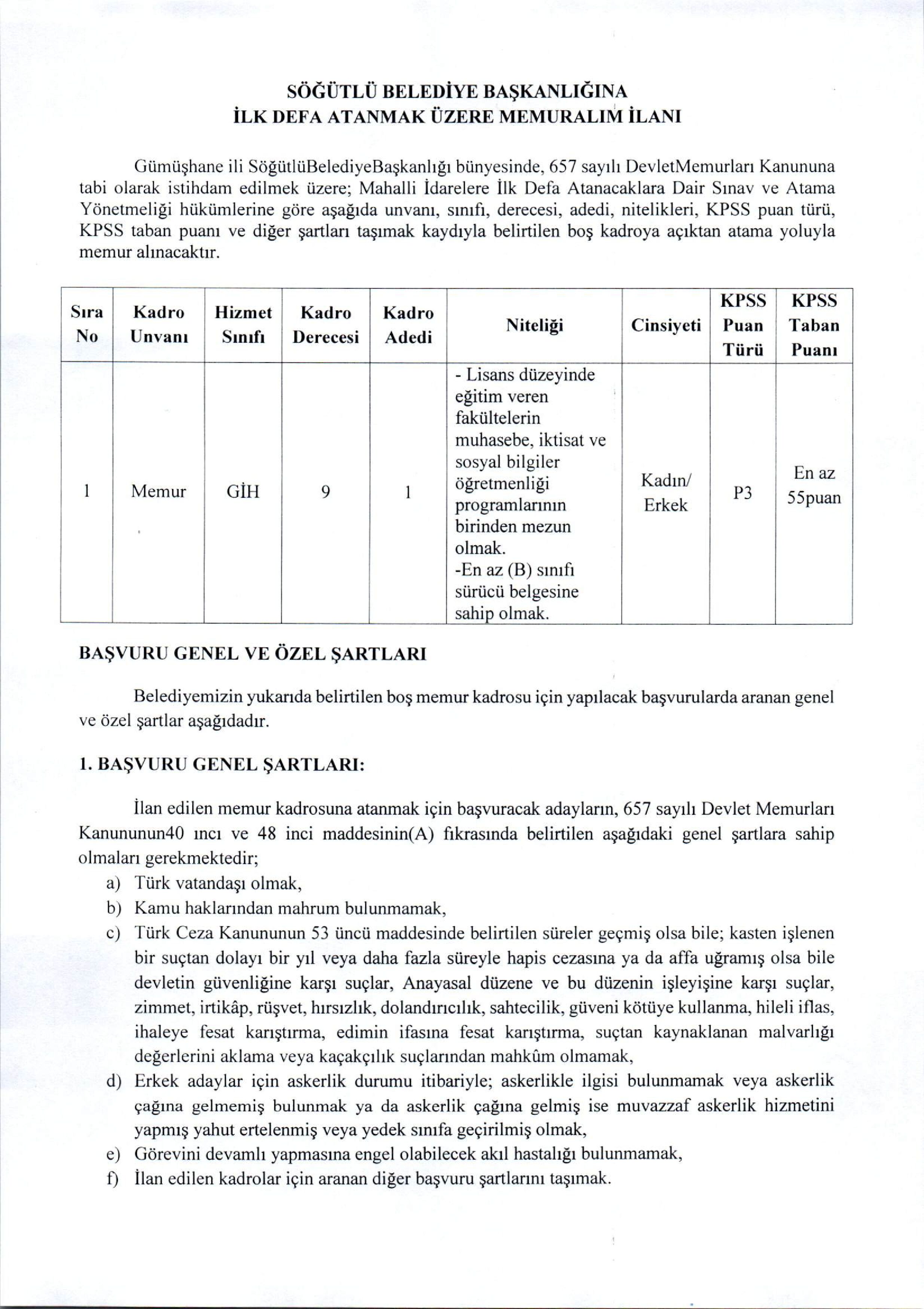 SÖĞÜTLÜ (GÜMÜŞHANE) BELEDİYE BAŞKANLIĞI 1 MEMUR ALACAK ( 1 Haziran - 8 Haziran) İlan İçeriği Sayfa 1