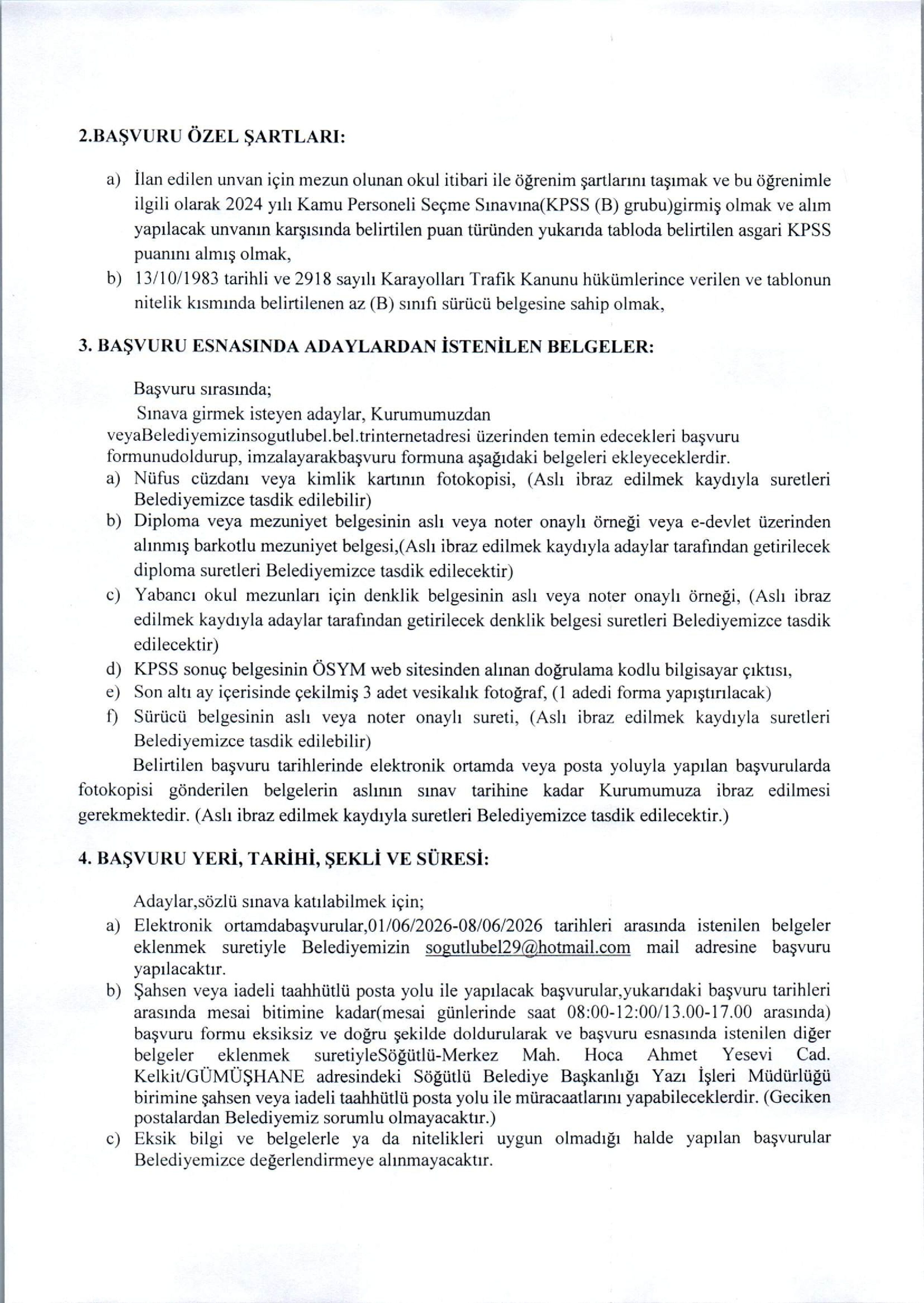 SÖĞÜTLÜ (GÜMÜŞHANE) BELEDİYE BAŞKANLIĞI 1 MEMUR ALACAK ( 1 Haziran - 8 Haziran) İlan İçeriği Sayfa 2