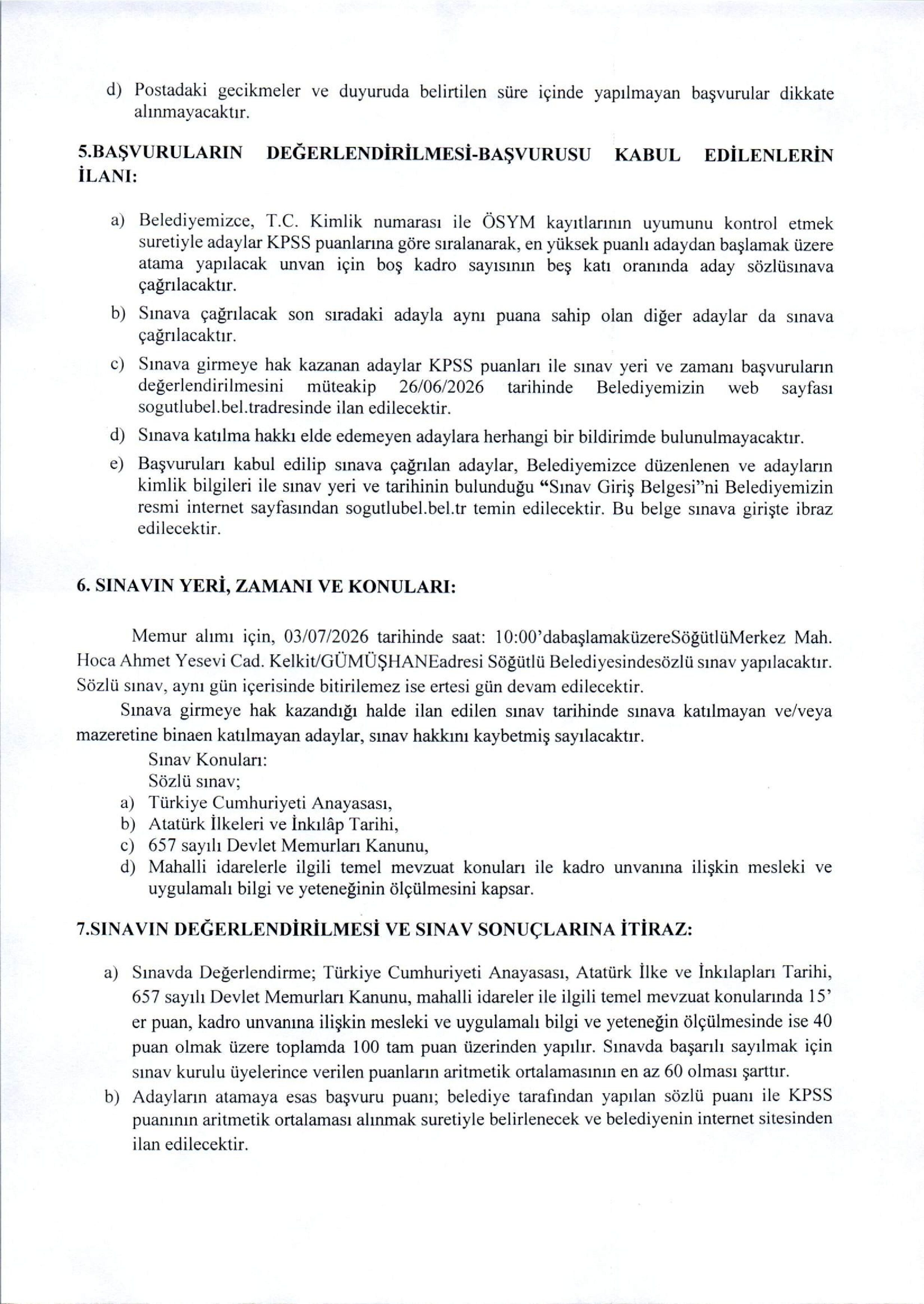 SÖĞÜTLÜ (GÜMÜŞHANE) BELEDİYE BAŞKANLIĞI 1 MEMUR ALACAK ( 1 Haziran - 8 Haziran) İlan İçeriği Sayfa 3