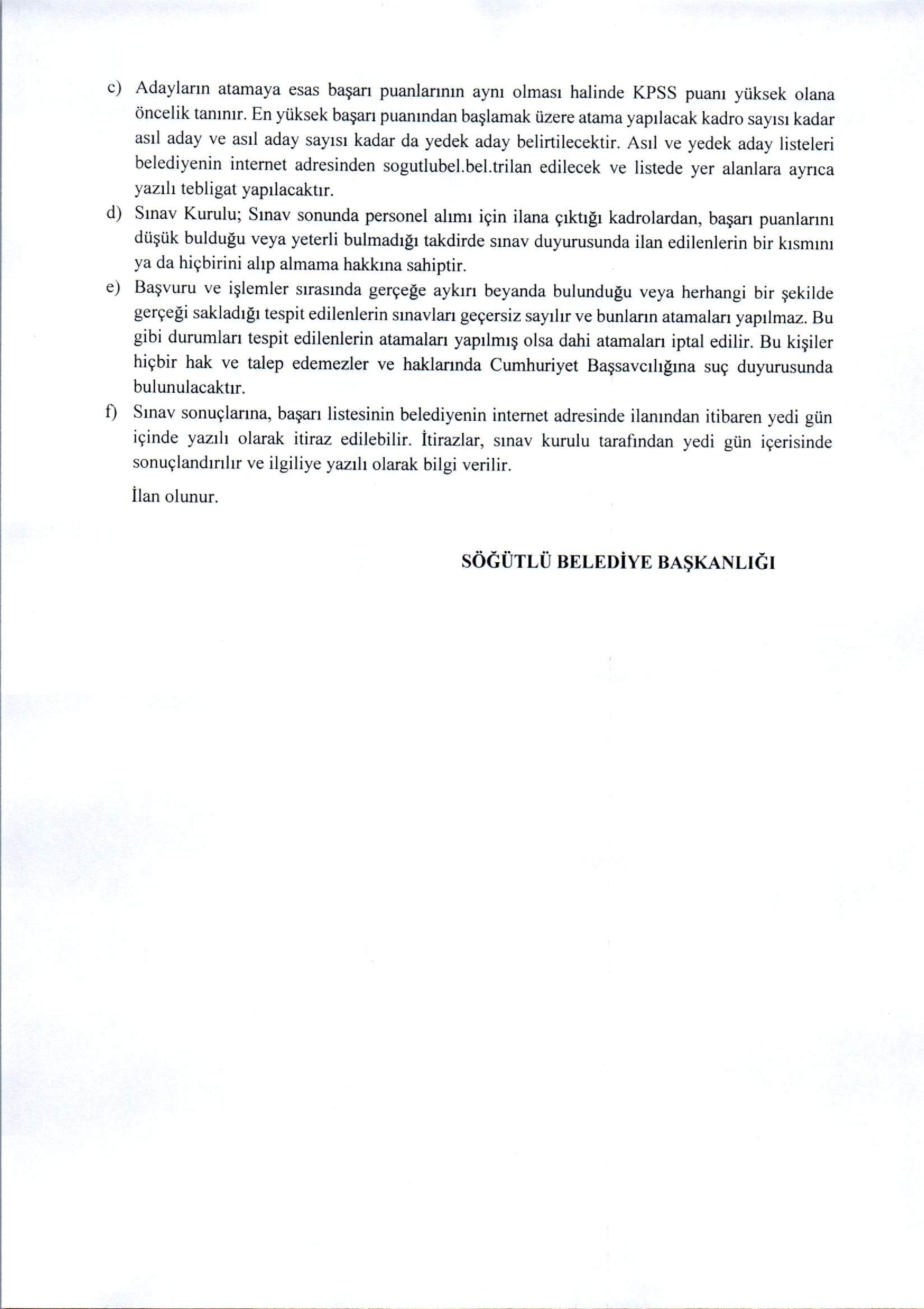 SÖĞÜTLÜ (GÜMÜŞHANE) BELEDİYE BAŞKANLIĞI 1 MEMUR ALACAK ( 1 Haziran - 8 Haziran) İlan İçeriği Sayfa 4