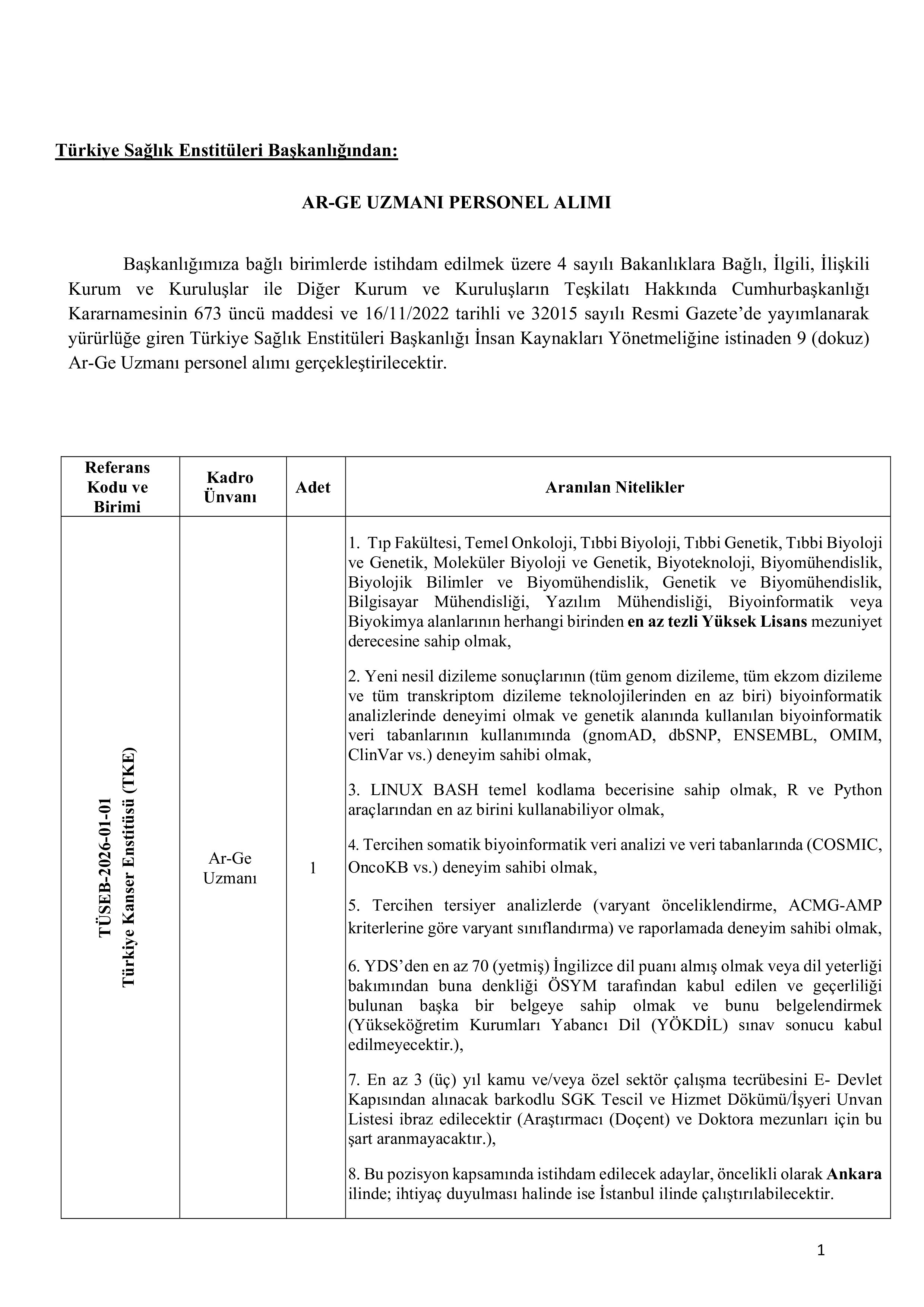 TÜRKİYE SAĞLIK ENSTİTÜLERİ BAŞKANLIĞI 9 SÖZLEŞMELİ PERSONEL ALACAK ( 4 Mayıs - 15 Mayıs) İlan İçeriği Sayfa 1