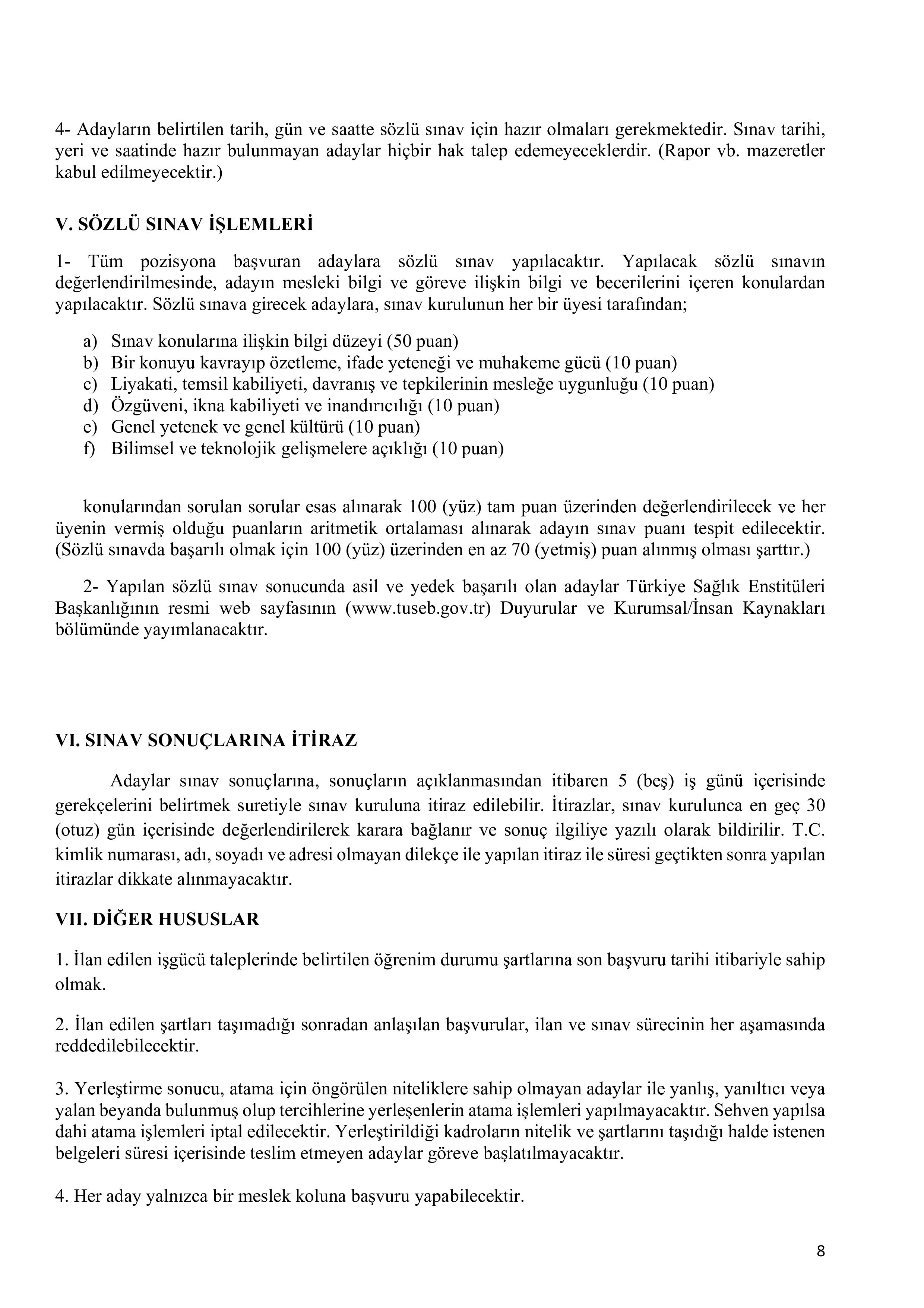 TÜRKİYE SAĞLIK ENSTİTÜLERİ BAŞKANLIĞI 9 SÖZLEŞMELİ PERSONEL ALACAK ( 4 Mayıs - 15 Mayıs) İlan İçeriği Sayfa 8