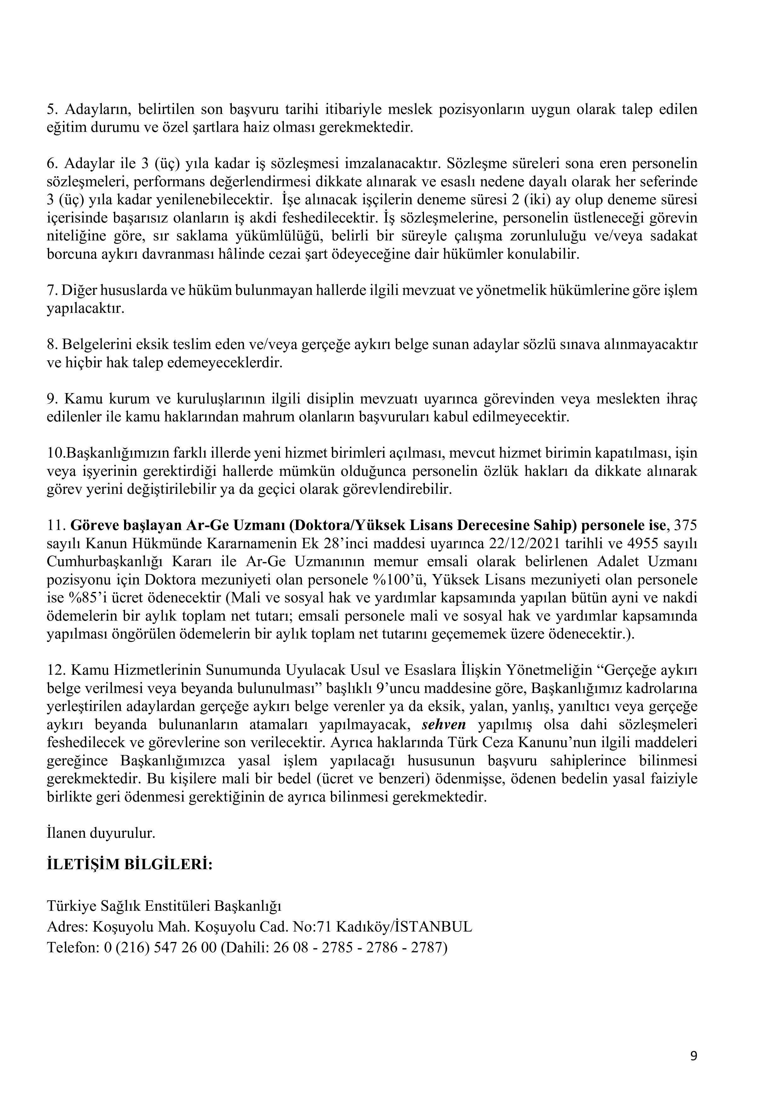 TÜRKİYE SAĞLIK ENSTİTÜLERİ BAŞKANLIĞI 9 SÖZLEŞMELİ PERSONEL ALACAK ( 4 Mayıs - 15 Mayıs) İlan İçeriği Sayfa 9
