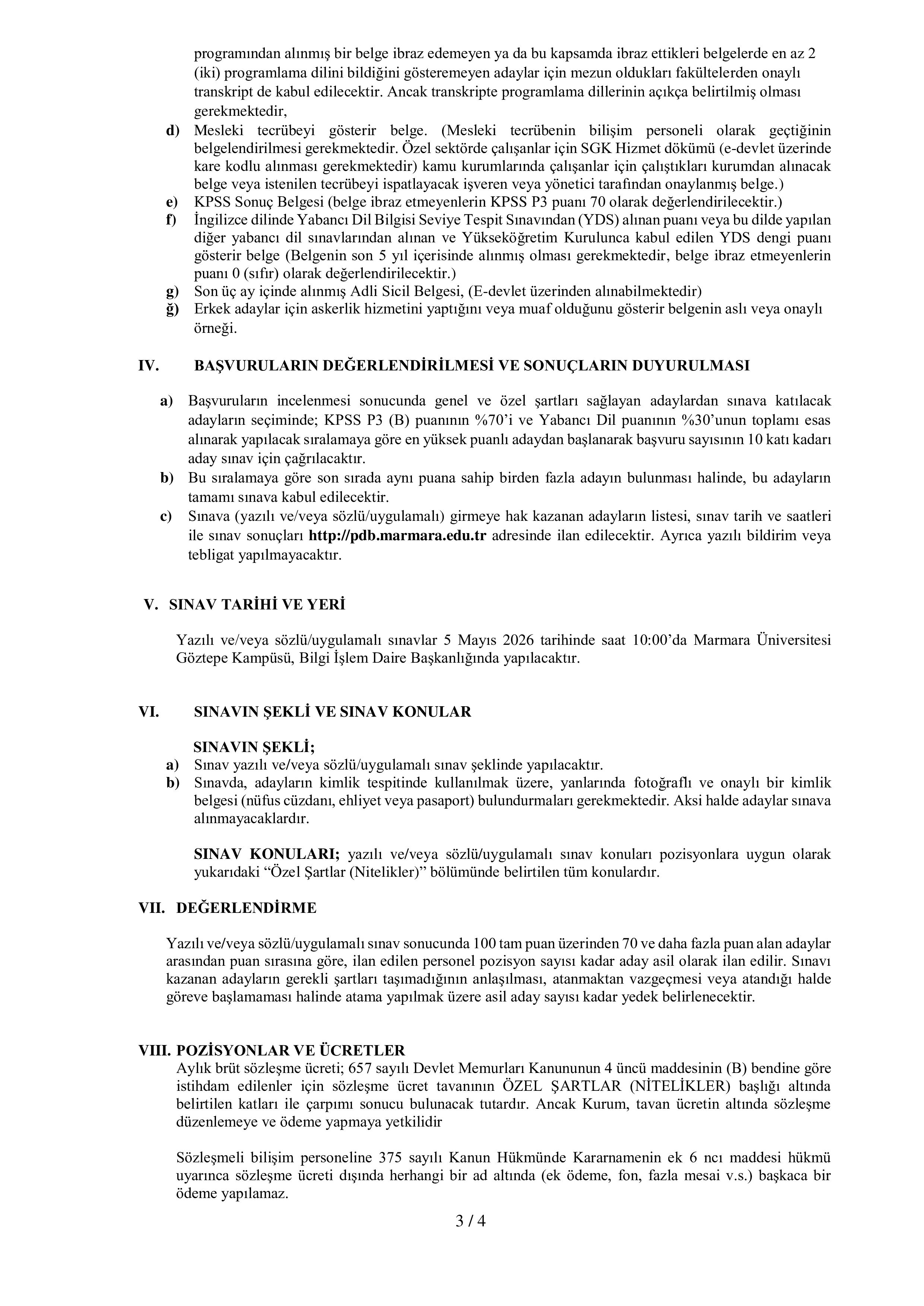 MARMARA ÜNİVERSİTESİ 1 ADET SÖZLEŞMELİ BİLİŞİM PERSONELİ ALACAK ( 4 Nisan - 18 Nisan) İlan İçeriği Sayfa 3
