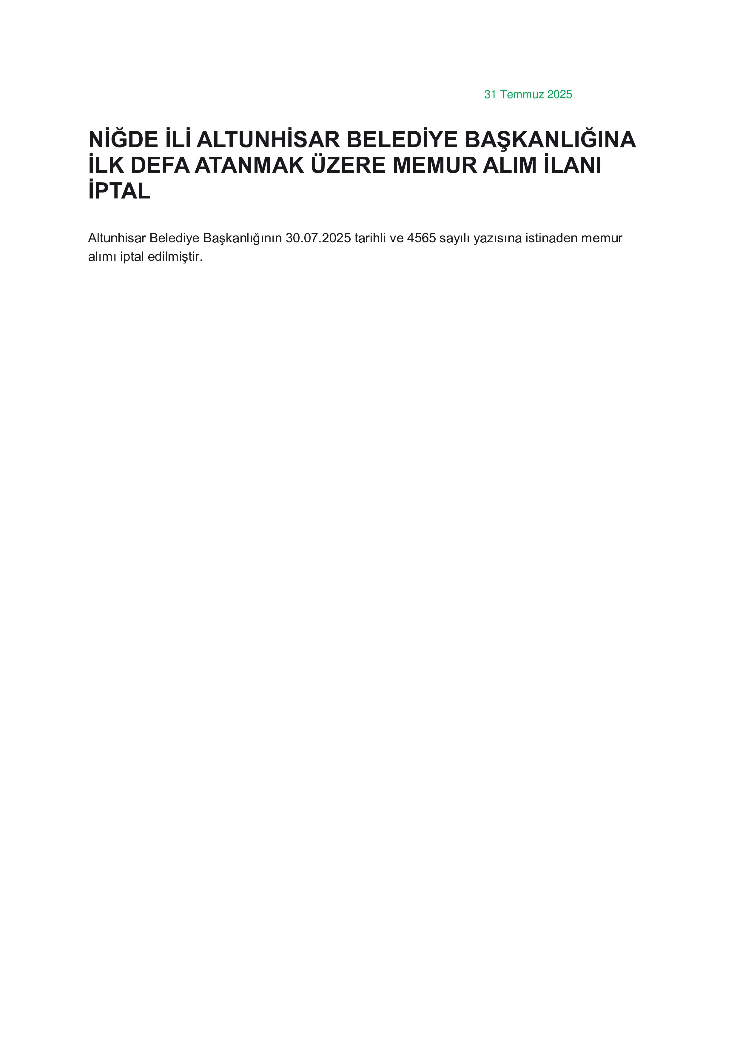 ALTUNHİSAR BELEDİYE BAŞKANLIĞI ŞOFÖR ALIM İPTALİ ( 5 Ağustos - 15 Ağustos) İlan İçeriği Sayfa 1