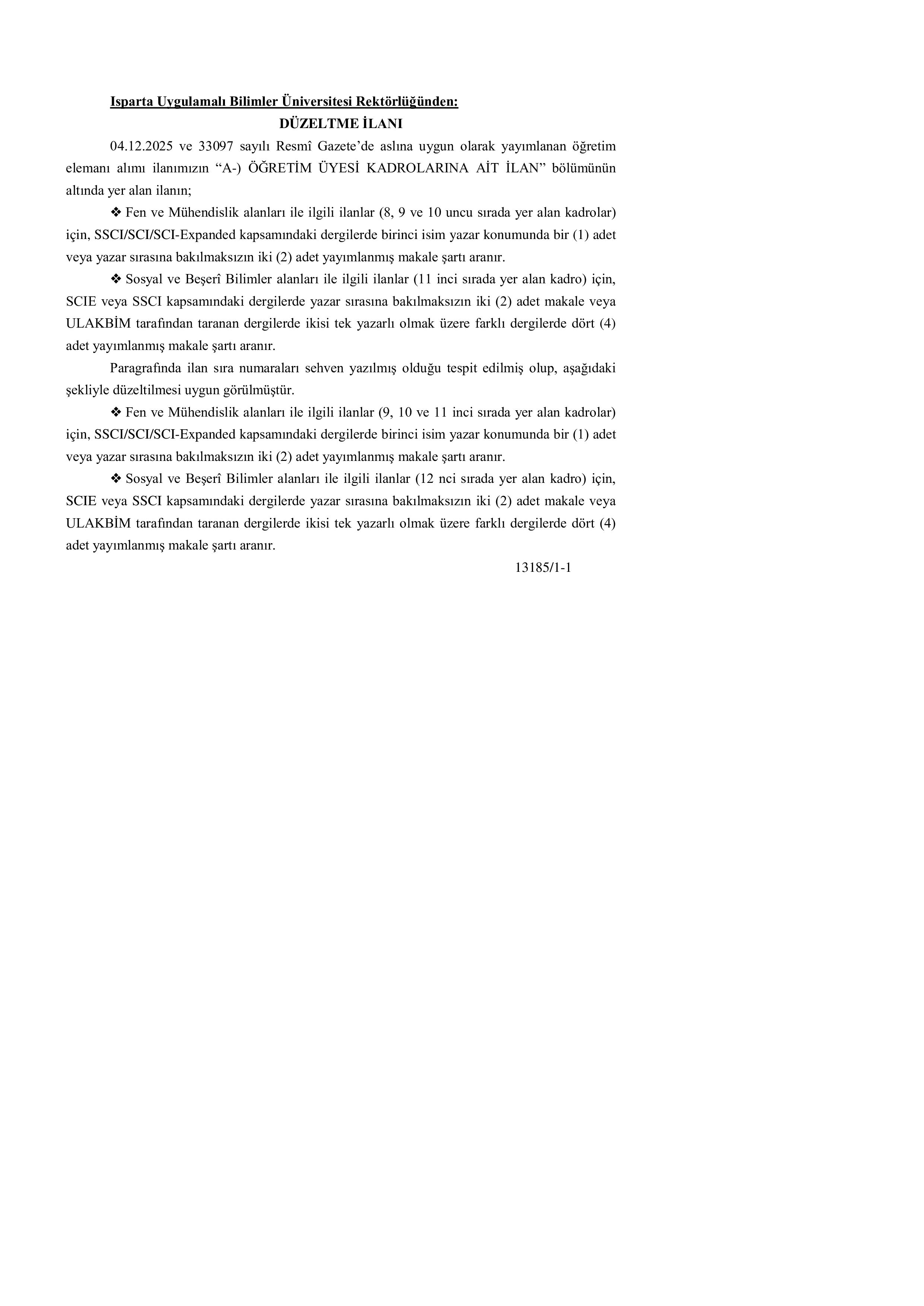 ISPARTA UYGULAMALI BİLİMLER ÜNİVERSİTESİ DÜZELTME İLANI ( 5 Aralık - 19 Aralık) İlan İçeriği Sayfa 1