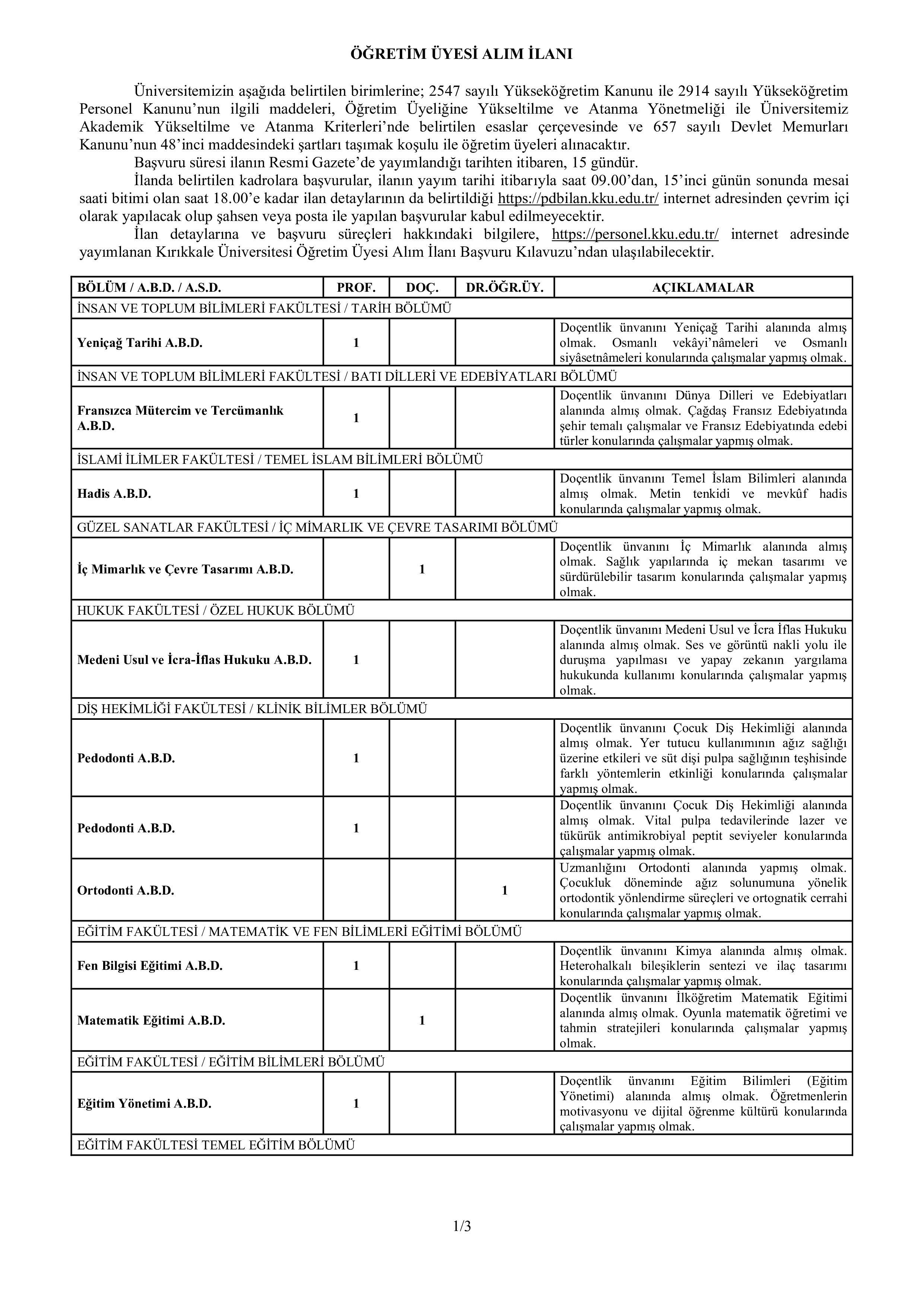 KIRIKKALE ÜNİVERSİTESİ 34 ÖĞRETİM ÜYESİ ALACAK ( 5 Aralık - 19 Aralık) İlan İçeriği Sayfa 1