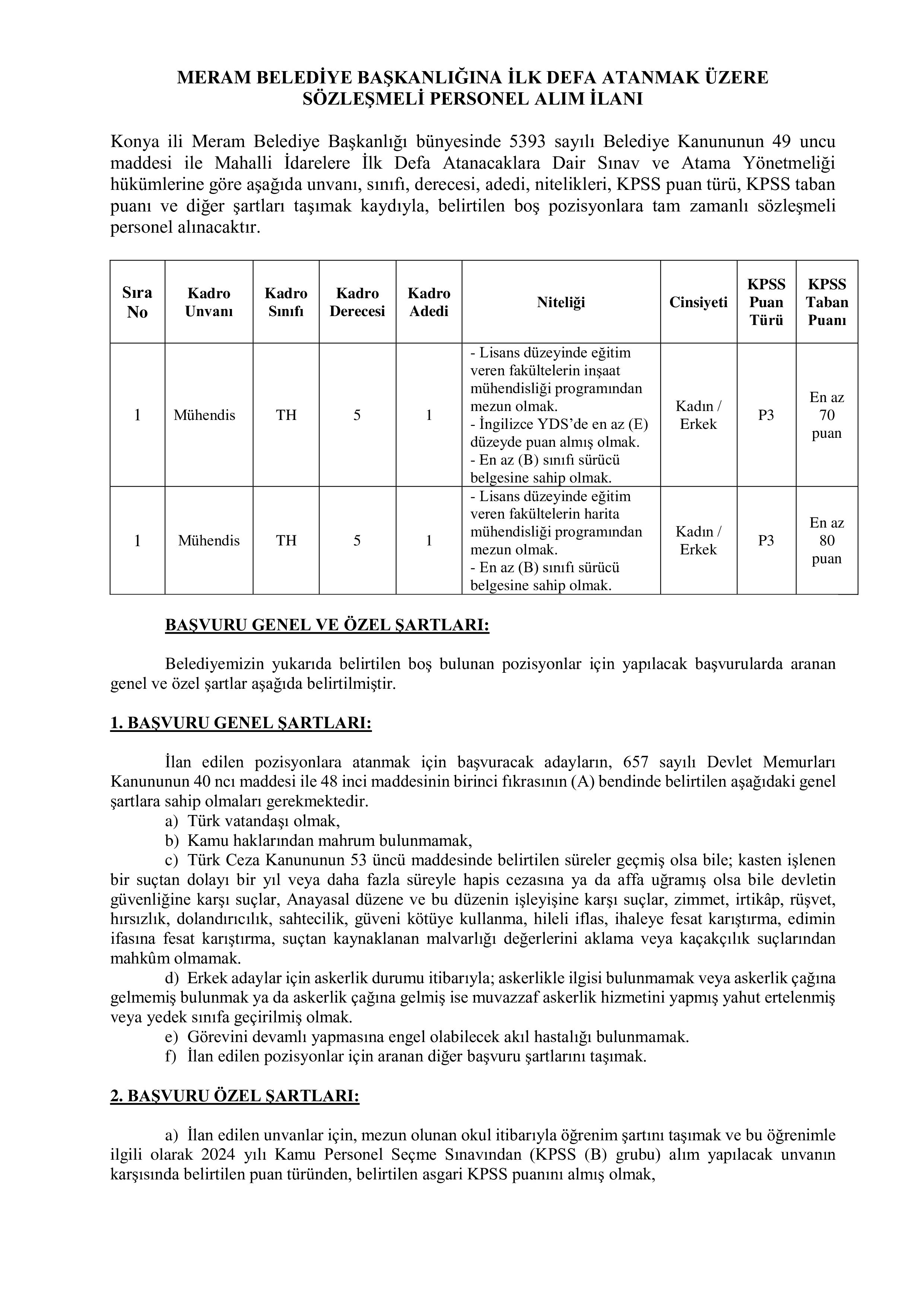 MERAM BELEDİYE BAŞKANLIĞI 2 ADET SÖZLEŞMELİ MÜHENDİS (İNŞAAT+HARİTA)PERSONEL ALACAK ( 19 Ocak - 23 Ocak) İlan İçeriği Sayfa 1