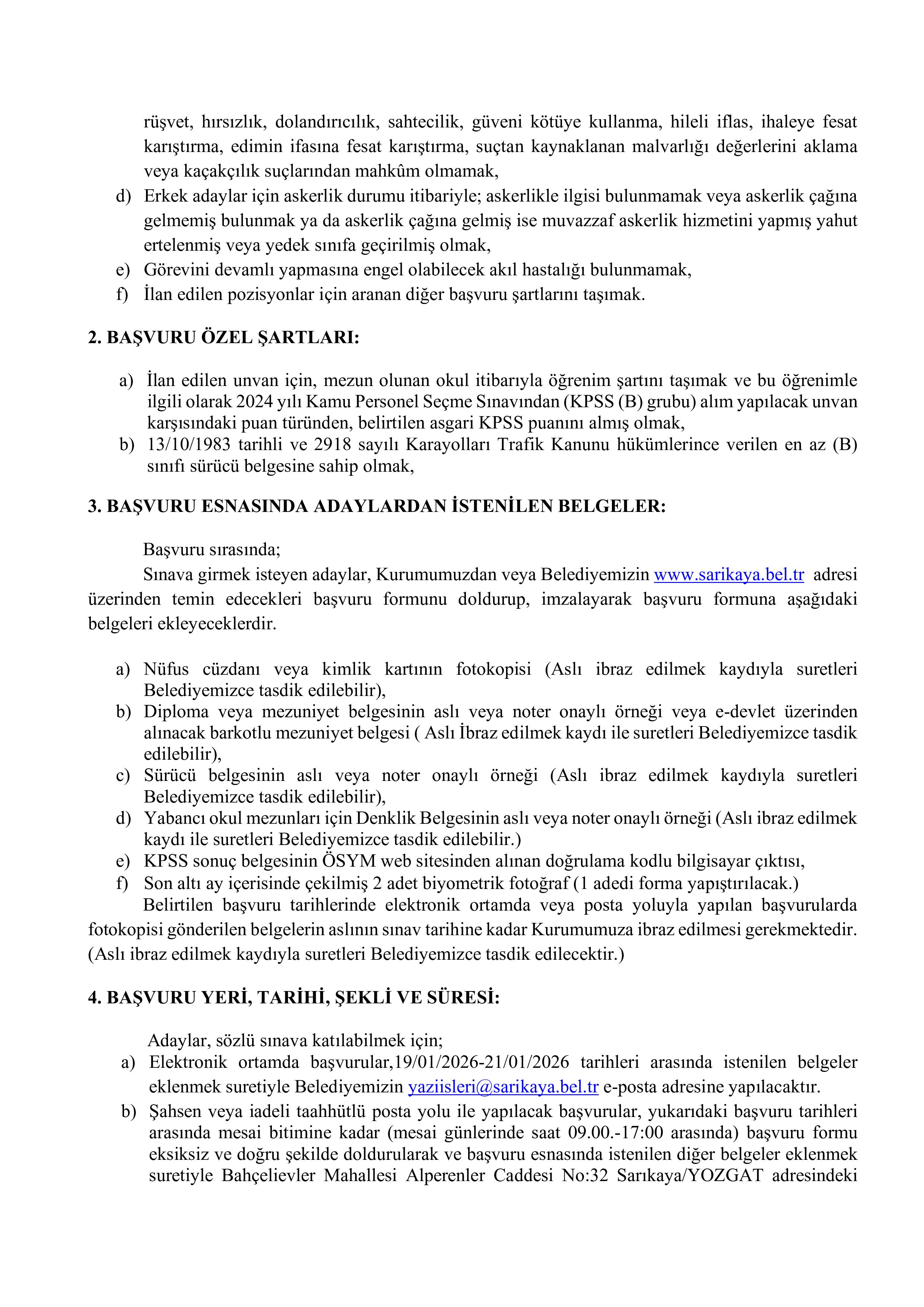 SARIKAYA BELEDİYE BAŞKANLIĞI 3 SÖZLEŞMELİ PERSONEL ALACAK ( 19 Ocak - 21 Ocak) İlan İçeriği Sayfa 2