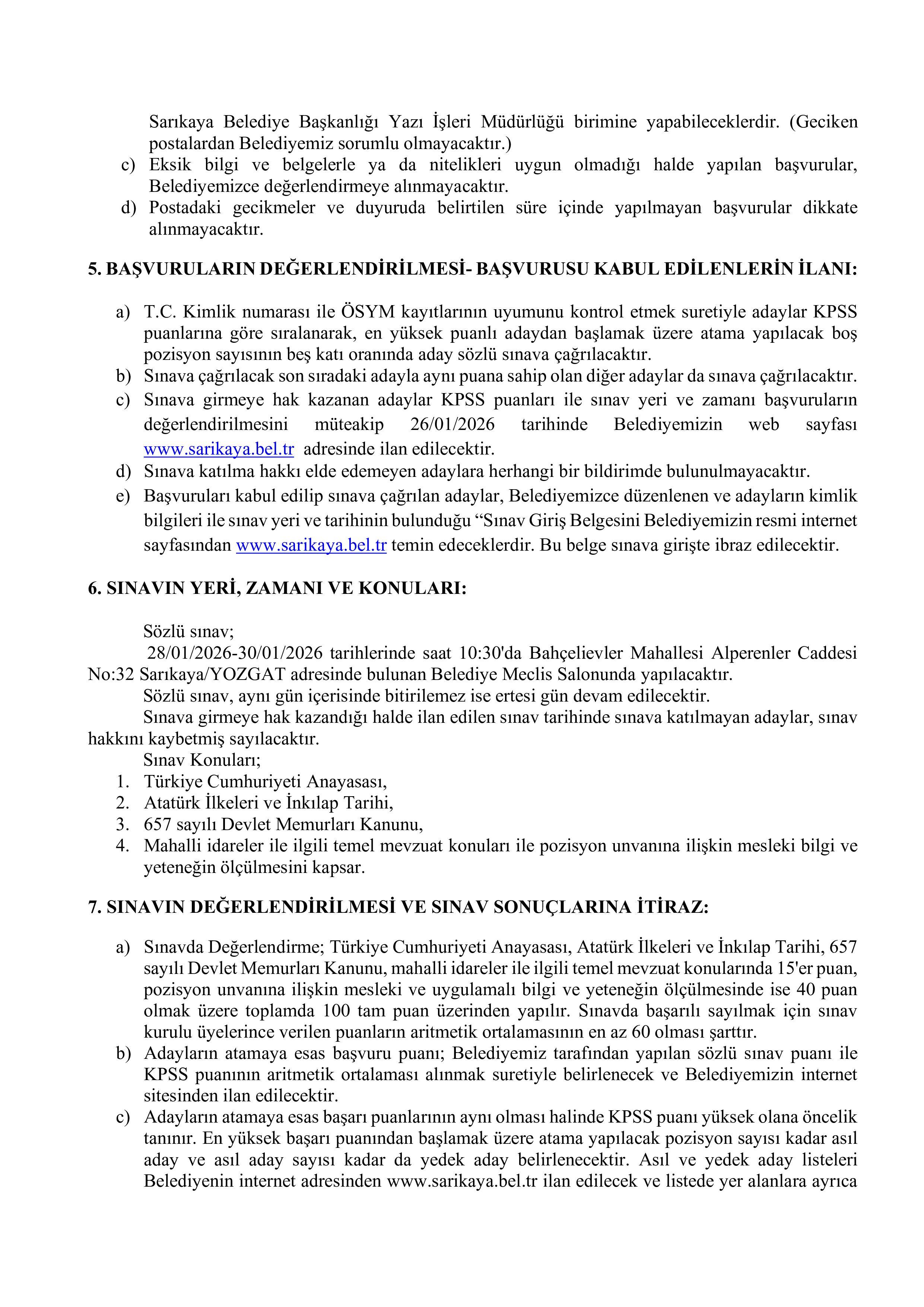 SARIKAYA BELEDİYE BAŞKANLIĞI 3 SÖZLEŞMELİ PERSONEL ALACAK ( 19 Ocak - 21 Ocak) İlan İçeriği Sayfa 3