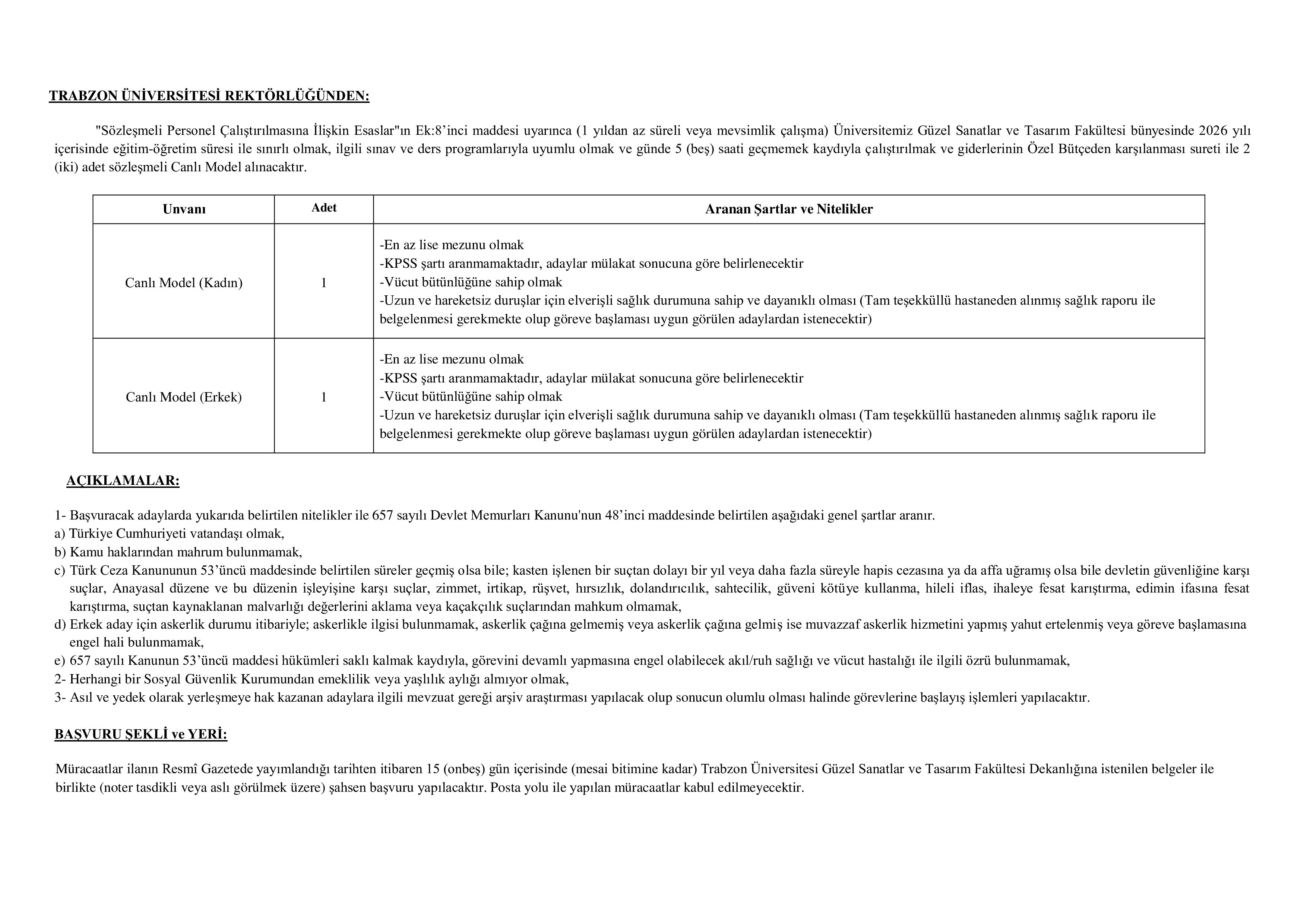 TRABZON ÜNİVERSİTESİ 2 SÖZLEŞMELİ PERSONEL ALACAK ( 5 Aralık - 19 Aralık) İlan İçeriği Sayfa 1